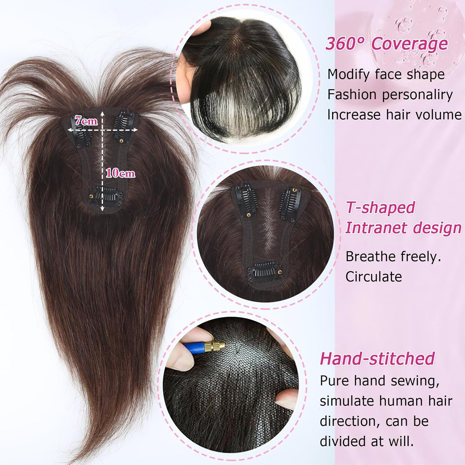Hair Toppers for Women Real Human Hair Clip in Bangs 360° Cover Remy Human Hair Topper with Bangs for Thinning Realistic Scalp Upgrade Swiss Lace Base Hairpieces Cover Gray Hairy Roots Medium Brown