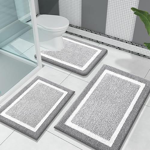 OLANLY Juego de alfombras de baño de 3 piezas, alfombras de baño de microfibra suave y absorbente y alfombra de inodoro de contorno en forma de U,