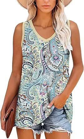 KISSMODA Womens Flora Print Tank Tops Ribbed Summer Shirt Sleeveless Summer Casual Women Blouses(S-3XL)
