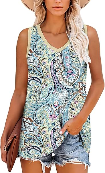 KISSMODA Womens Flora Print Tank Tops Ribbed Summer Shirt Sleeveless Summer Casual Women Blouses(S-3XL)