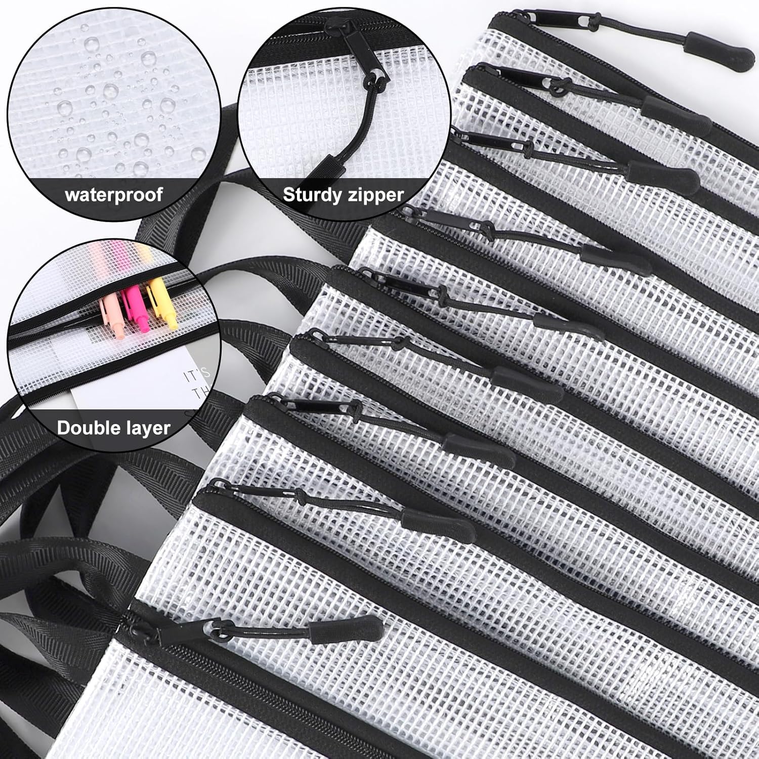 Double Layers Mesh Zipper Pouch Bags A4 (13x9 in, 24 Pcs) Black Zipper Bags, Waterproof File Pouches for Puzzles Board Game Teacher School Classroom Office Supplies Travel Bag