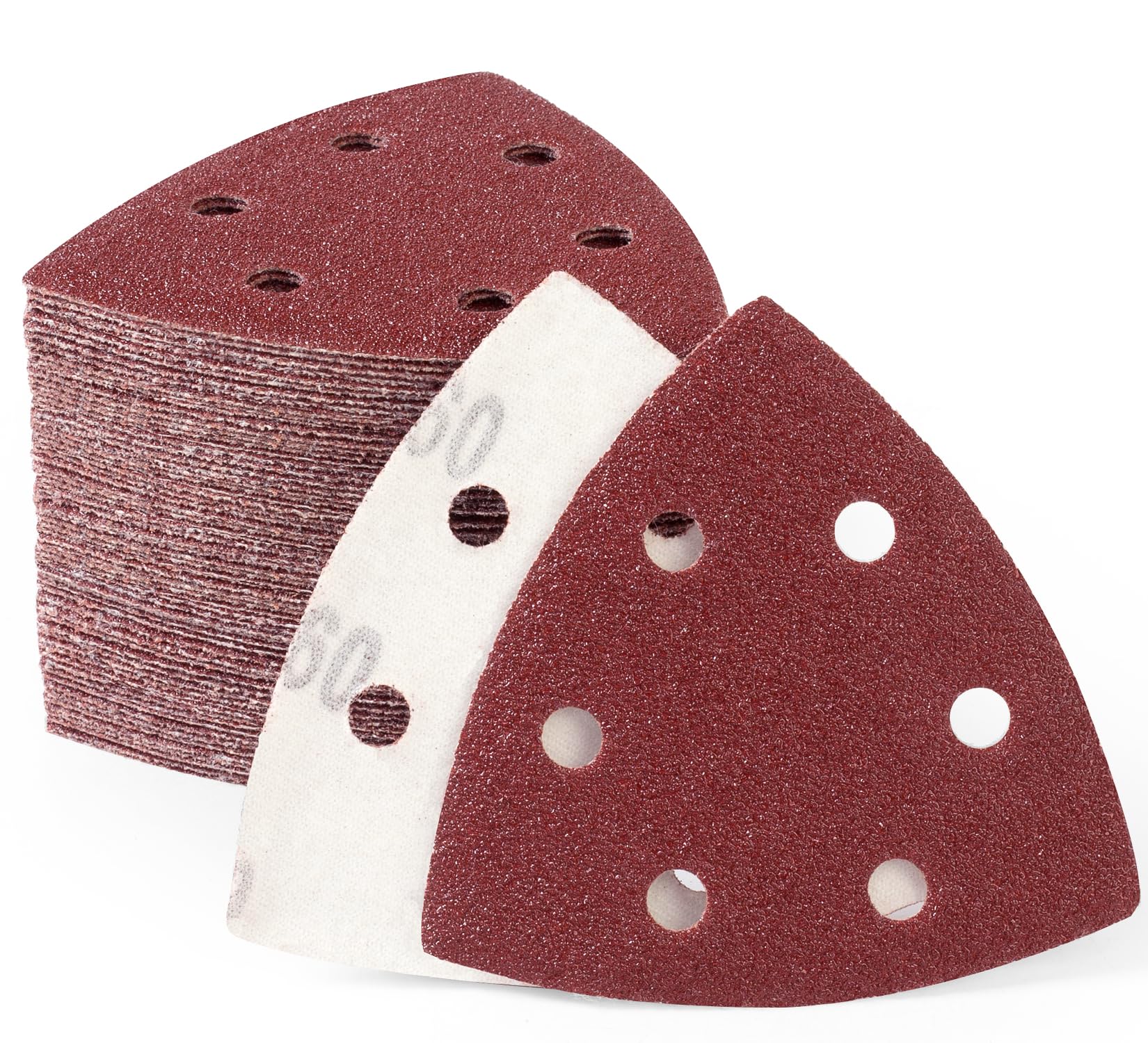 SATC 60 PCS 93mm Delta-Triangle Sanding Sheets 60 Grit Detail Sander Pads Durable Dust-Free 6-Holes Sander Sandpaper Hook and Loop Triangle Sanding 93 x 93 x 93mm