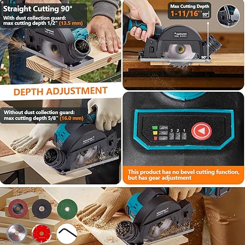 Miniatura 4 de Heimerdinger Mini sierra circular inalámbrica 2 en 1 de 4 pulgadas y amoladora angular - Motor sin escobillas, 3 velocidades, batería de 4000 mAh,