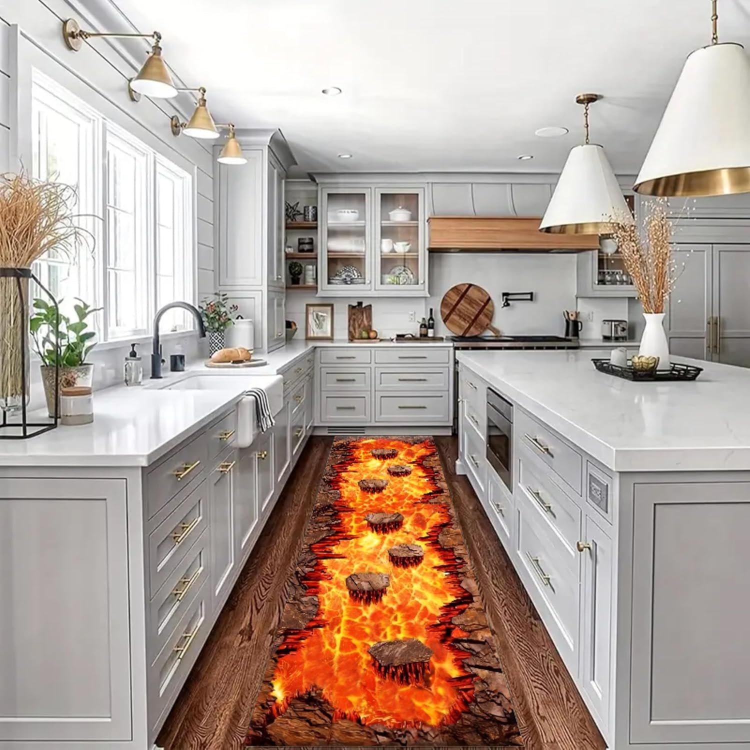 3D Optical Illusion Flame Runner Rug, 2x7ft, Abstract Lava Long Kitchen Rug, Retro Rock Cracks Print for Entryway Indoor Bedroom