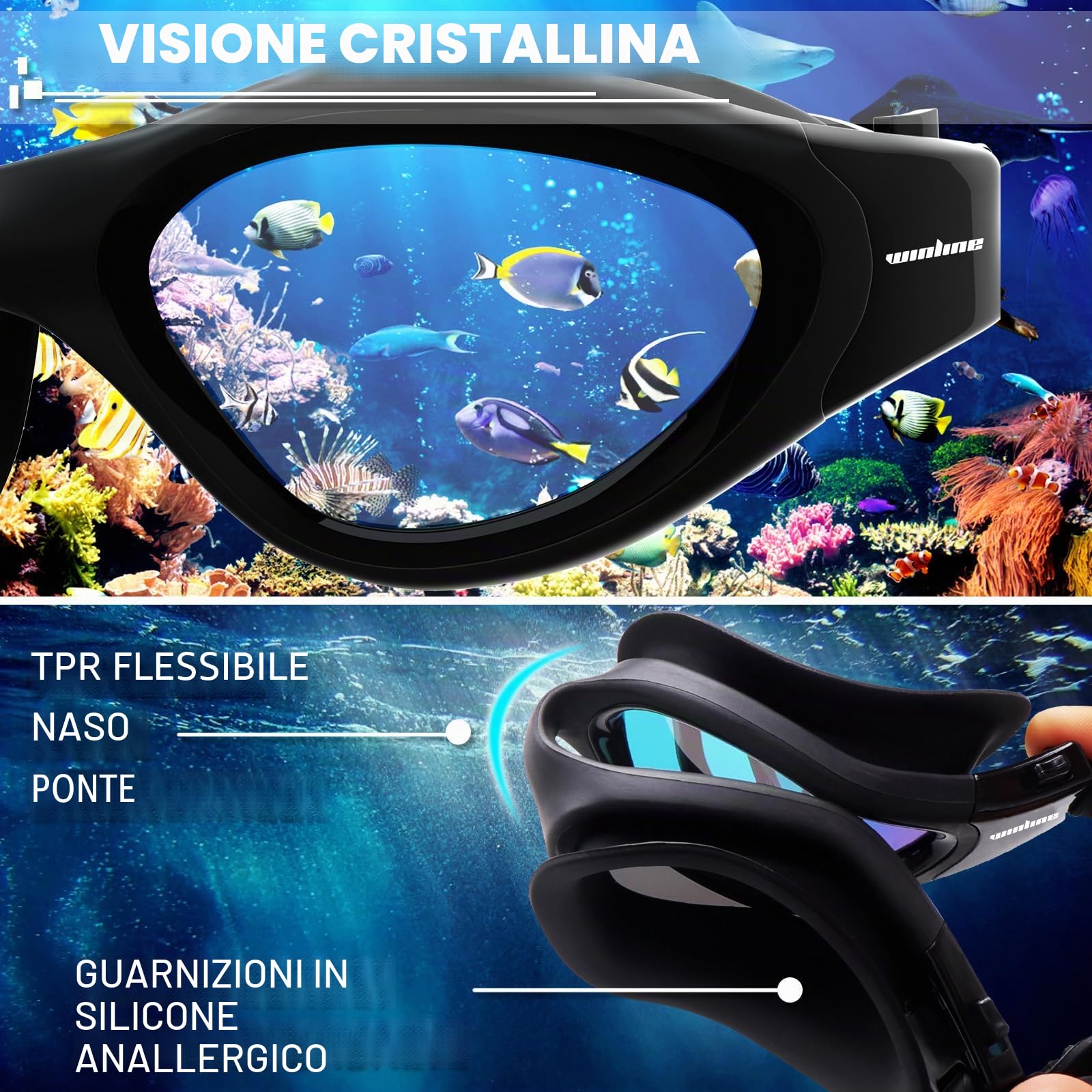 Winline Occhialini da Nuoto Polarizzati, Anti-appannamento Anti-perdite con Protezione UV Visione chiara Facile da regolare Con Ponte Nasale Morbido per Uomo Donna Adulti e Adolescenti