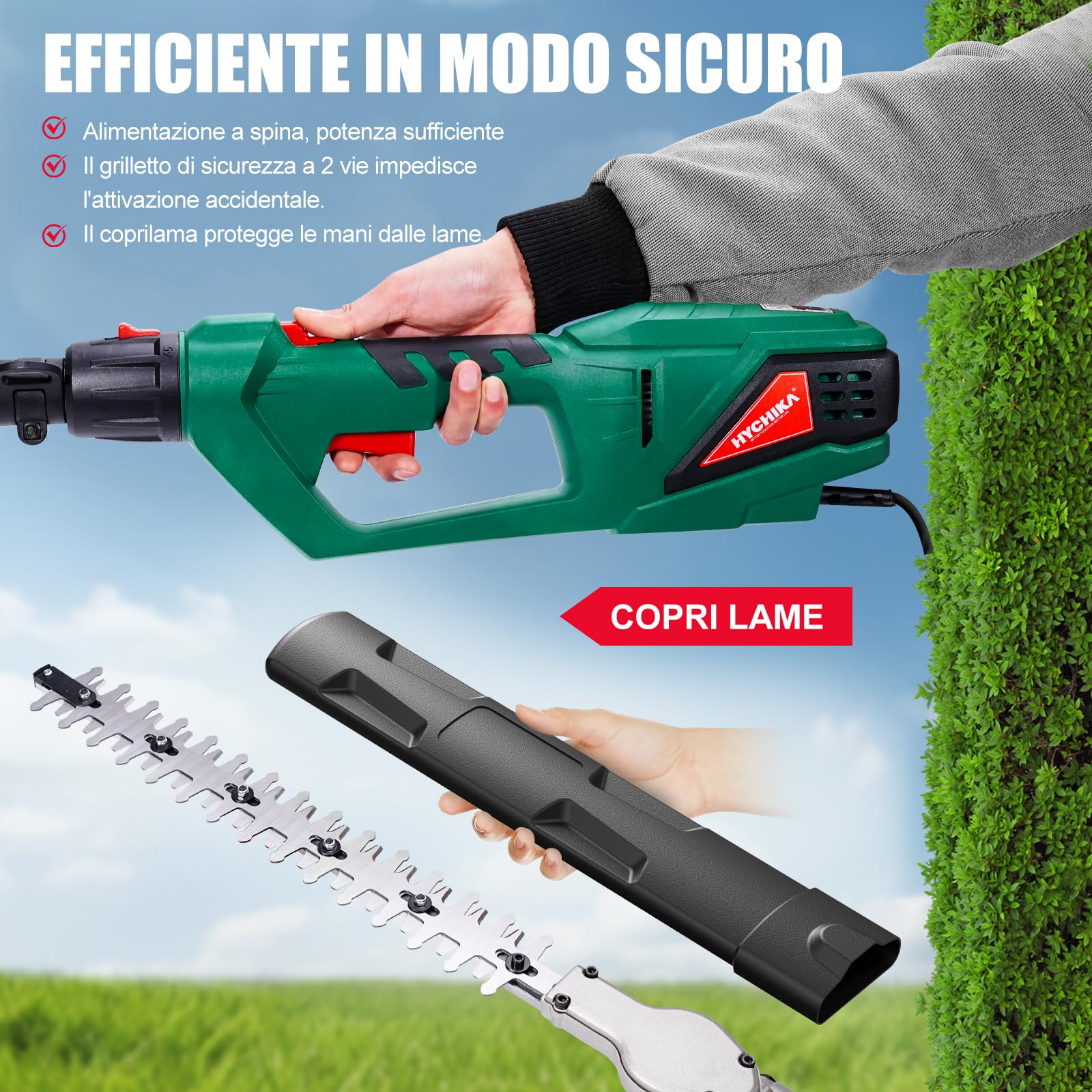 HYCHIKA Troncarami telescopici leggeri, Tagliasiepi Telescopico Elettrico 900W, Tagliasiepe Elettrico, Taglia Siepe Telescopica, Allungabile 200-250 cm, Lame Dual Action,