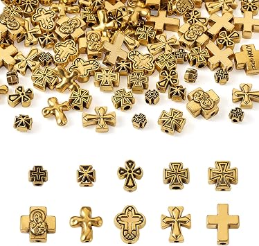 Beadthoven 100pcs Alloy Cross Beads, Tibetan Gold Cross Beads Spacers Jesus Crucifix Cross Metal Beads Vintage Gold Plated Prayer Rosary Beads for DIY Jewelry Making Bracelet Earring Necklace Supplies