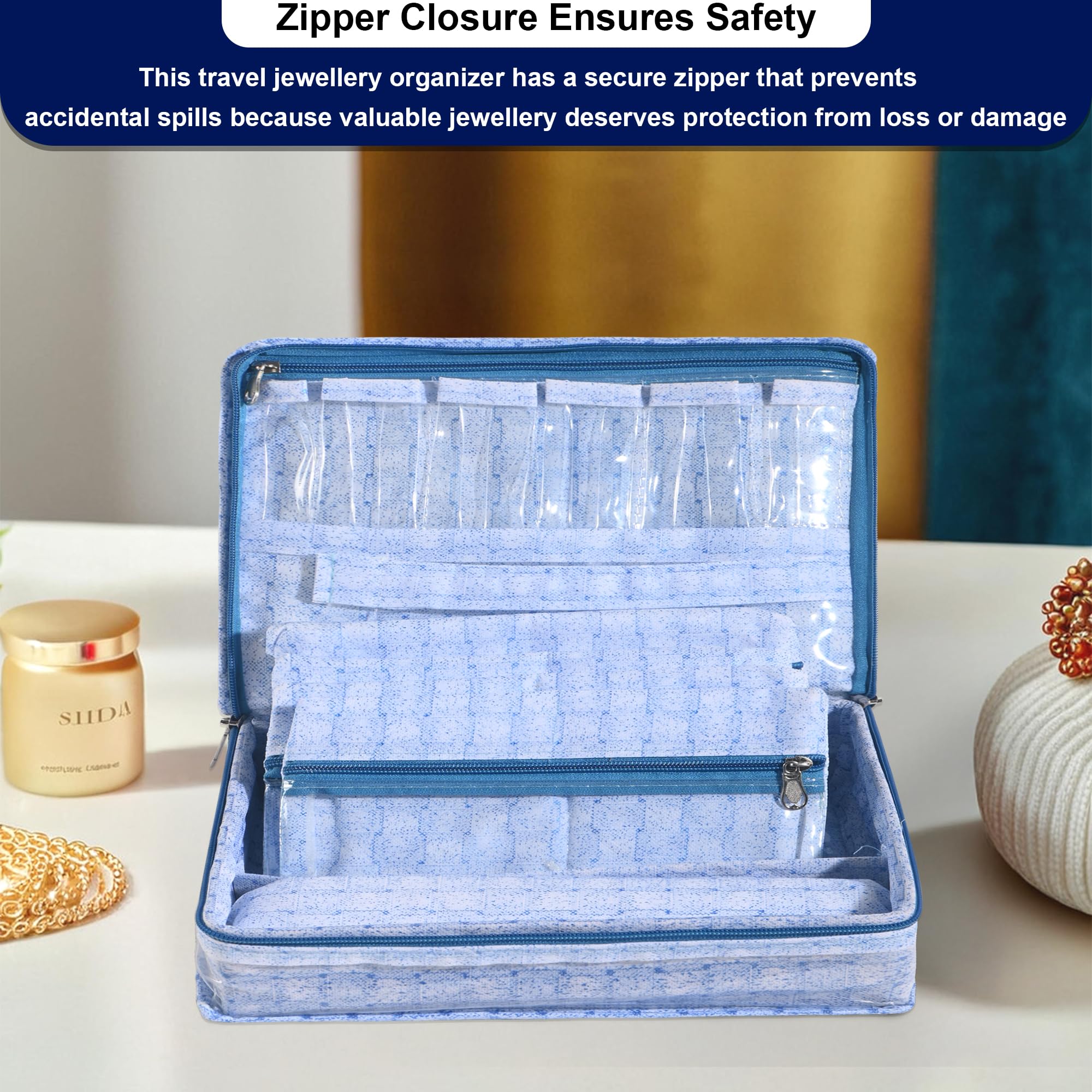 Kuber Industries Wodoodporne etui na kosmetyki z PCW, z 4 przegródkami i 1 rolką, organizer na biżuterię, etui do przechowywania kolczyków i bransoletek, laminowane w kratkę, niebieskie, 2 szt