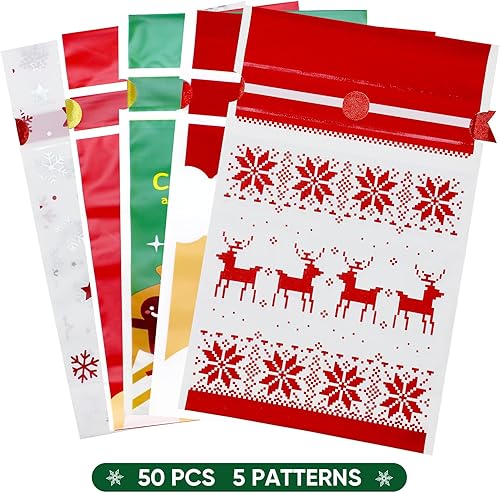 Miniatura 3 de 50 bolsas de dulces de Navidad con cordón de Navidad, bolsas de golosinas para envolver regalos de Navidad, recuerdos de fiesta