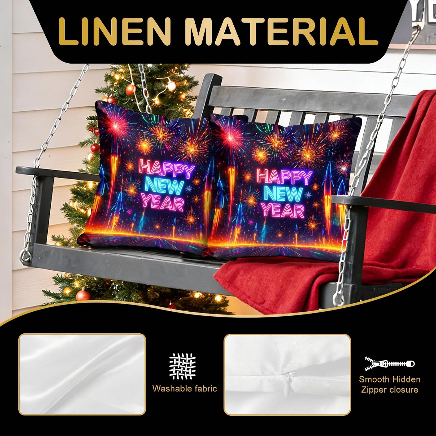 HOMETITUTE New Year Holiday Neon Happy New Year Throw Pillow Covers 18x18 Inch Set of 2 Fireworks Rocket Glow Decorative Cushion Covers for Sofa Couch Bed Winter Rustic Farmhouse Seasonal Home Decor image 4