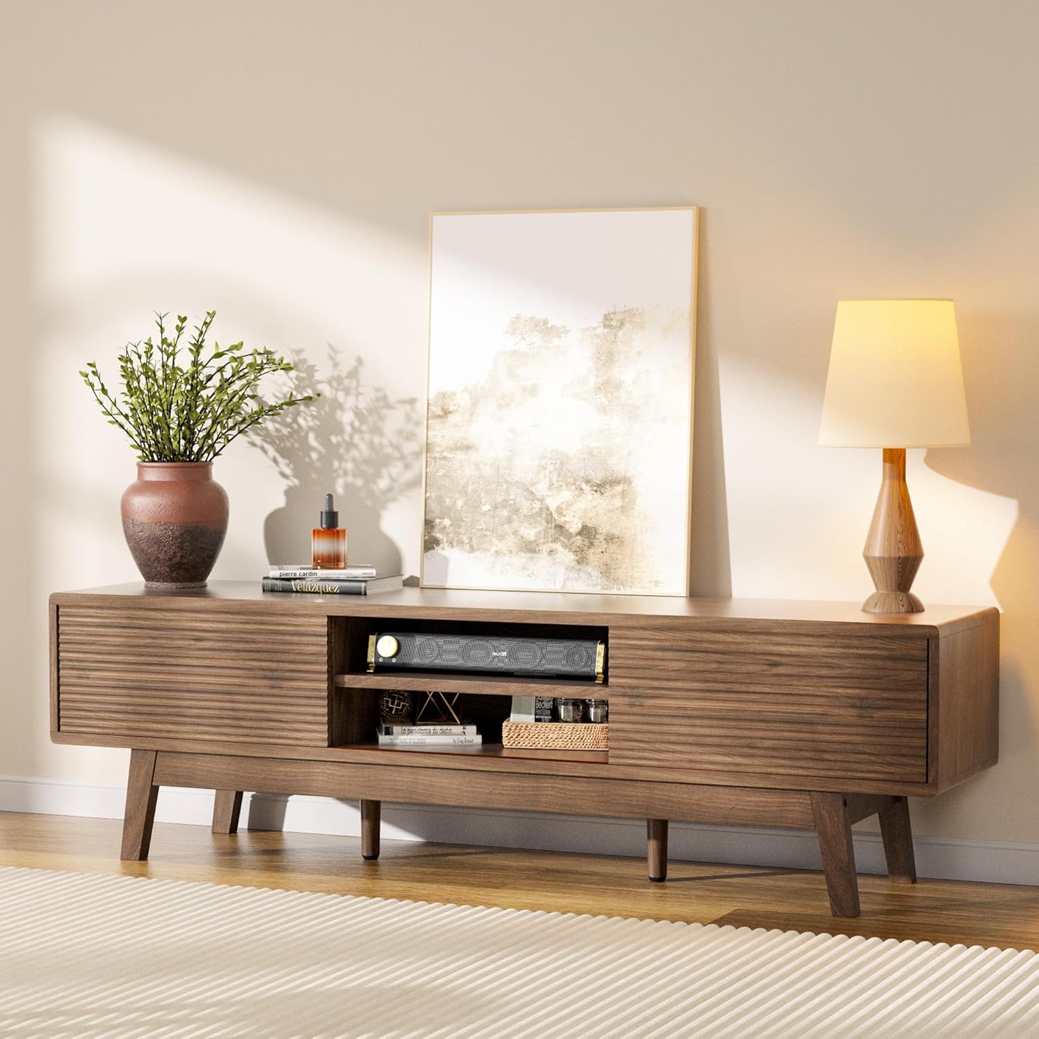 MU 59 Inch TV Stand for TVs up to 65 Inch, Mid Century Modern TV Console with Fluted Sliding Doors & Shelves, Low Profile Entertainment Center for Bedroom, Living Room (Walnut, 59")