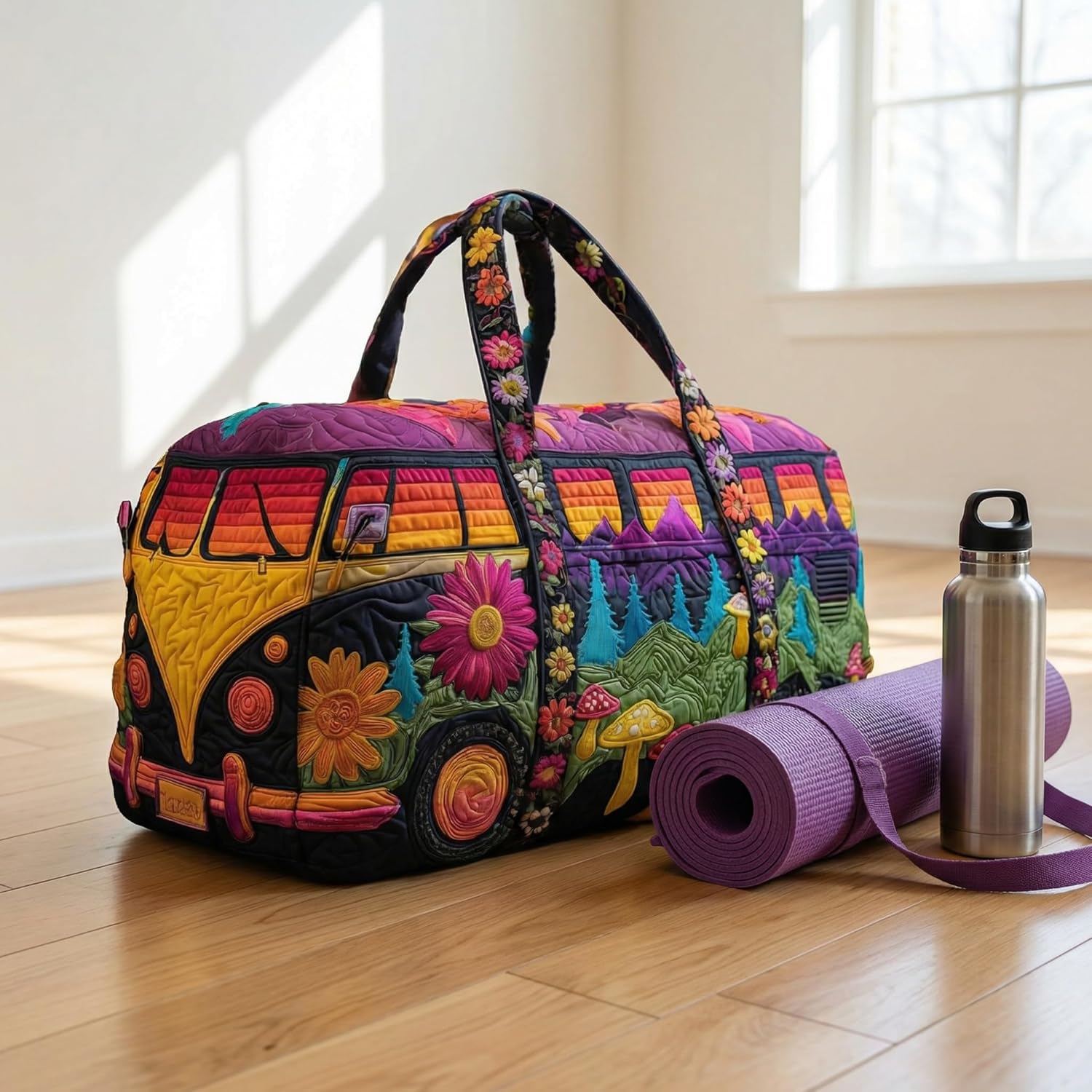 Hippie Journey Quilted Duffel Bag Vintage Floral Hippie Van Travel Duffle Bag Boho Travel Weekender Bags Overnight Luggage Bag Gym Tote (Style 9, Large (18" L x 9" W x 9" H))