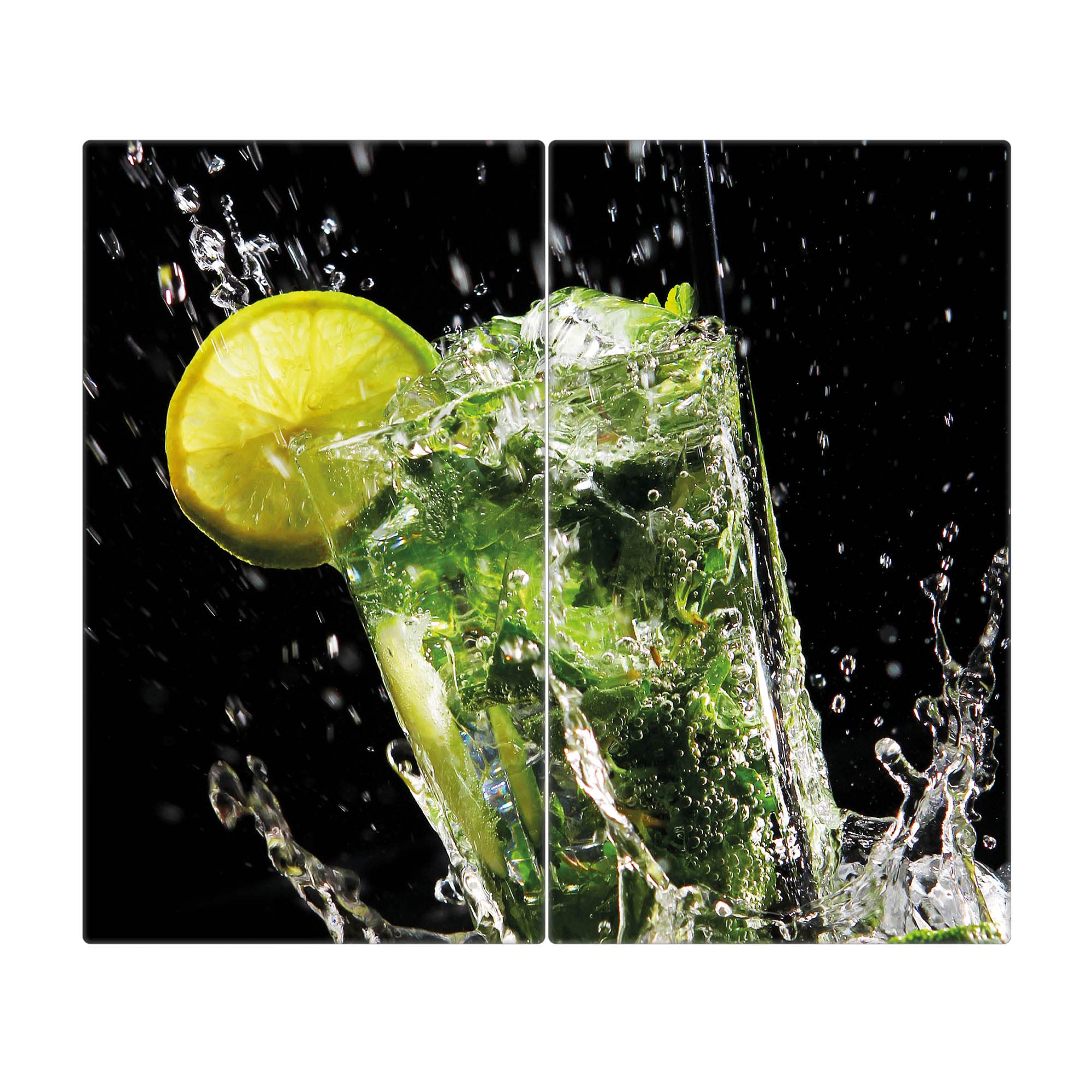 banjado Herdabdeckung Ceranfeld 2-teilig 60x52 cm, Schneidebrett Glas und Spritzschutz Küche aus gehärtetem Glas, praktische Kochfeld Abdeckung Essen & Küche im Alltag Motiv Brasilianischer Cocktail