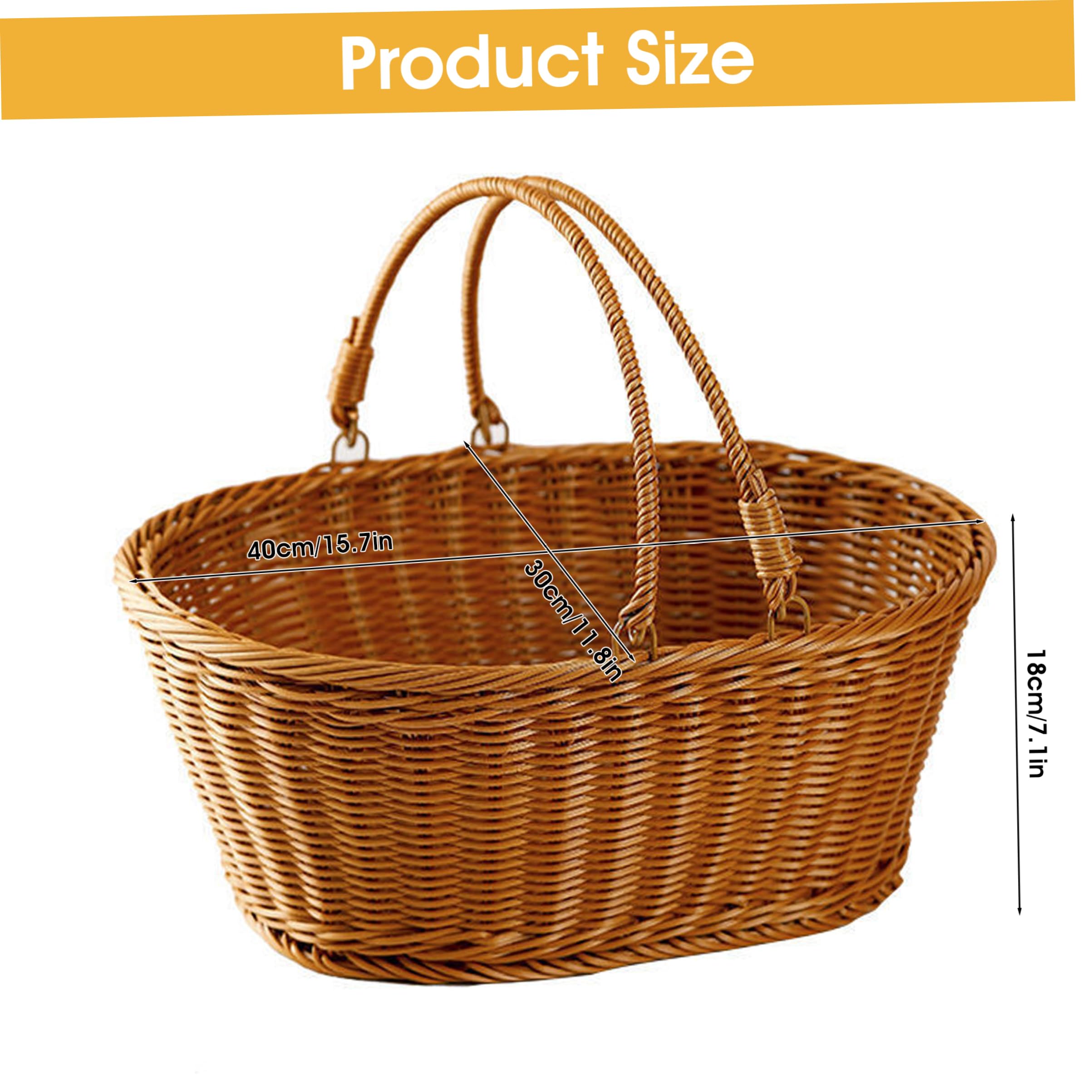 Cesta de mimbre con asa tejida con asas, organizador de almacenamiento grande de mimbre para picnic, compras, cosecha, reunión, boda, 16 x 12 x 7 pulgadas