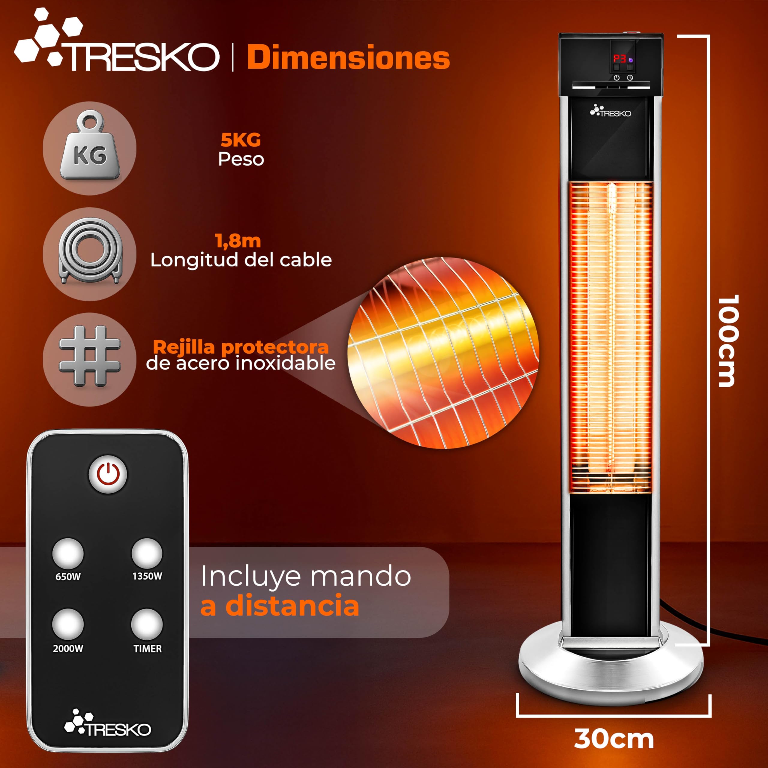 TRESKO Calefactor por Infrarrojos para Terraza | 2000W + Control Remoto | Estufa Radiante con 3 Temperaturas | Radiador Eléctrico para Exterior e Interior | Calentador con Pantalla LED
