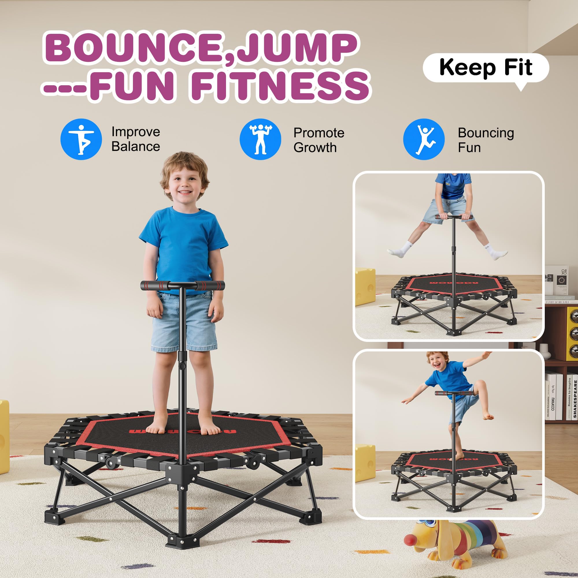 MOMODA Mini Trampoline de 76,2 cm/114,3 cm pour Enfants et Adultes, Trampoline d'exercice Pliable avec poignée, Charge maximale de 90,7 kg