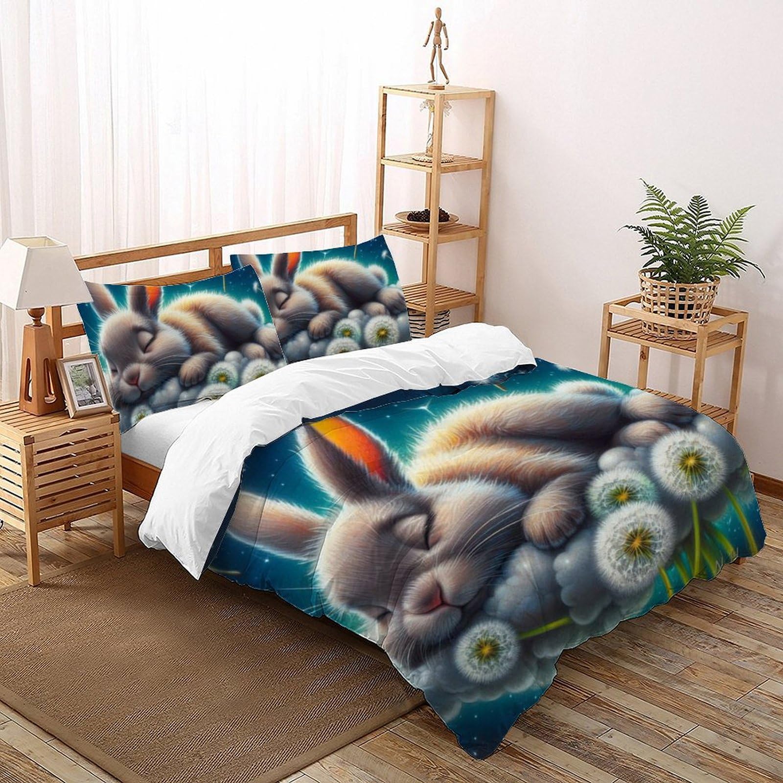 Housse de couette double lapin pour lit enfant avec deux taies d'oreiller microfibre