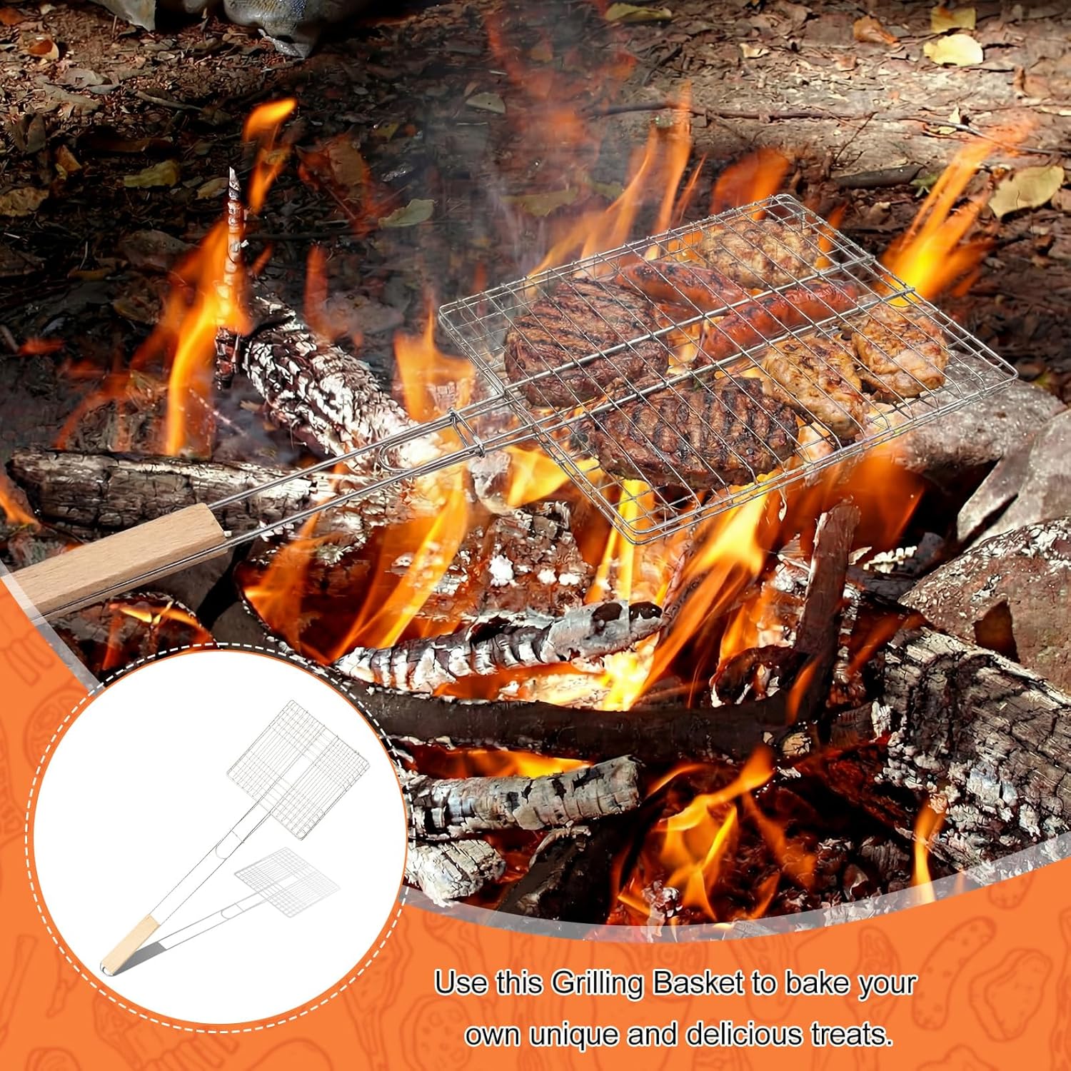 2 Pcs Grilling Basket Stainless with 21" Long Heat-resistant Steel Grill Basket Wooden Handles for Outdoor Wood Stove Flip Grills Cooking Portable Camping Rack for Meat Gifts for Men Dad