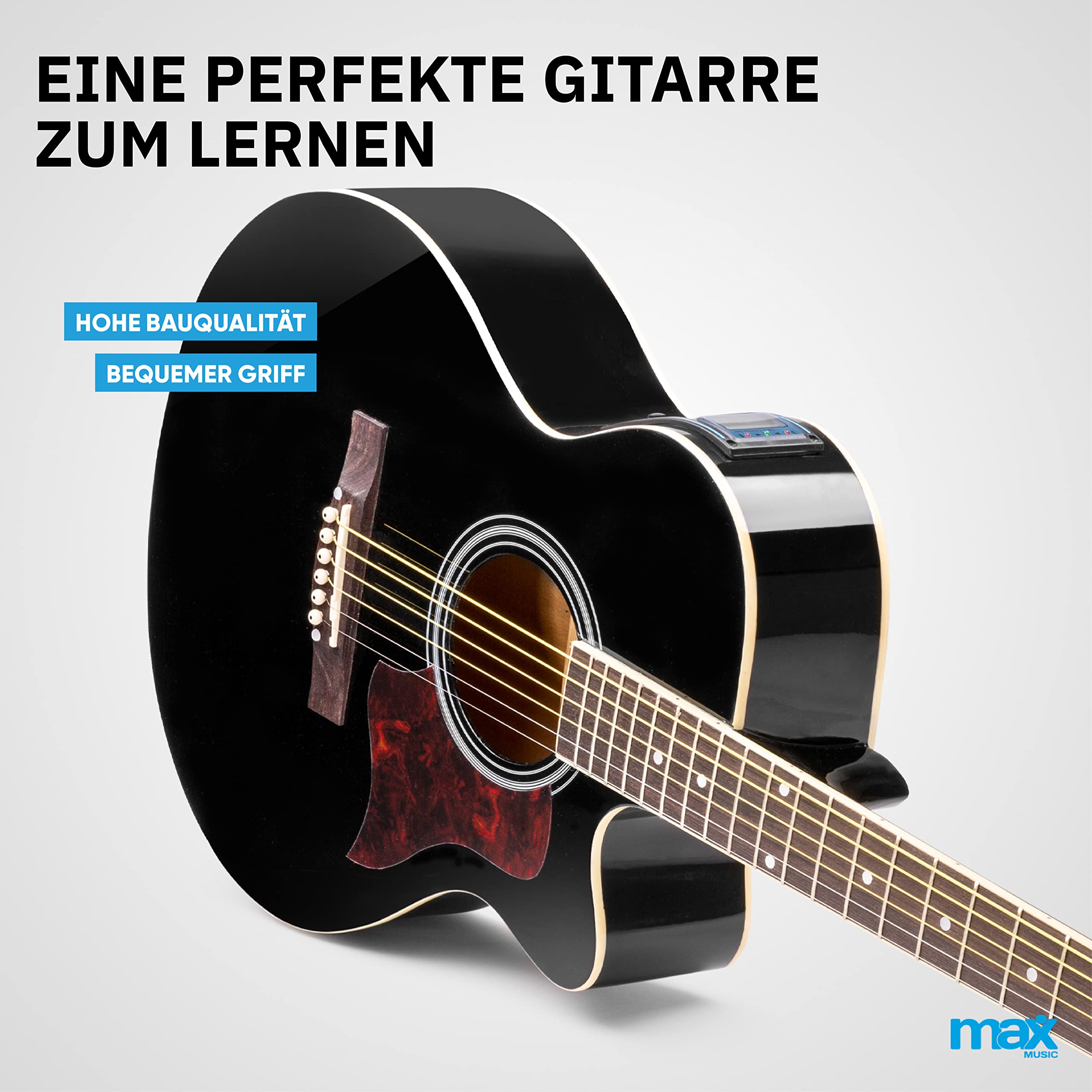 MAX ShowKit Elektro Akustik Gitarre Set mit Verstärker 40 Watt, Gitarrentasche, Gitarrenstimmgerät, Instrumentenkabel, Plektrum und E Akustikgitarre mit Tonabnehmer Schwarz