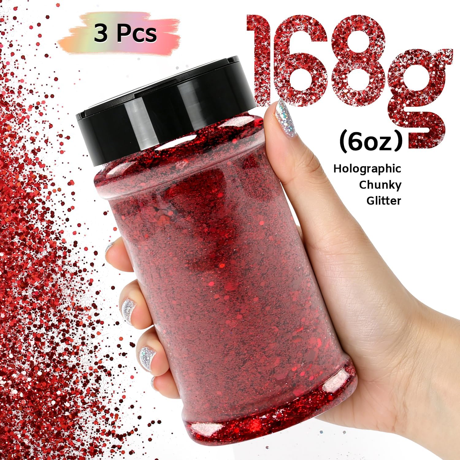 Burgundy Holographic Chunky Glitter, 6oz Craft Glitter Shaker, Cosmetic Grade Body Glitter Bulk for Resin, Nails, Makeup, DIY Crafts
