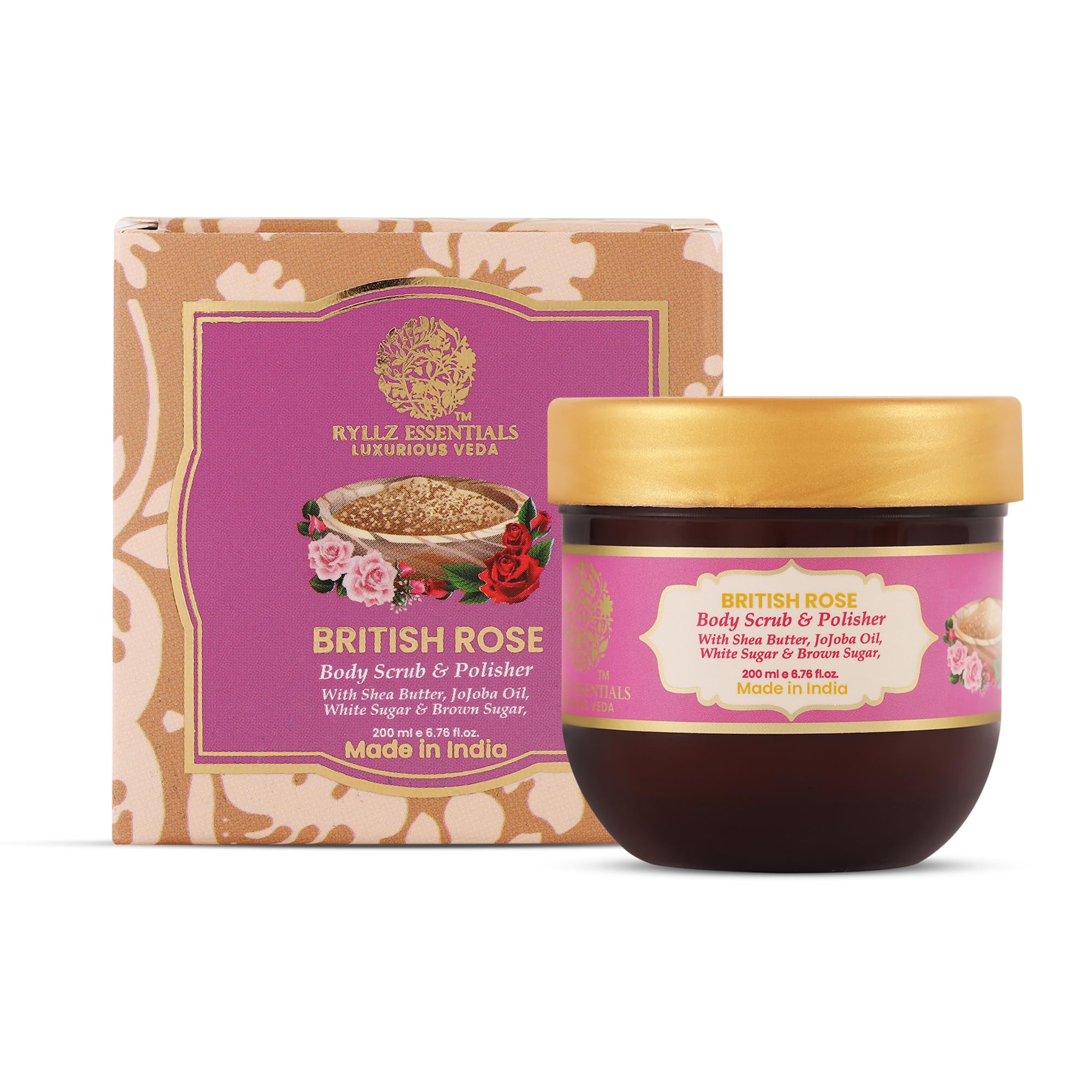 RYLLZ ESSENTIALS British Rose Body Scrub & Polisher | with White Sugar, Brown Sugar Jojoba Oil, Hyaluronic Acid, Kojic Acid, Alpha Arbutin, Niacinamide & Glycolic Acid | for Dead Skin Cells, Ingrown Hair & Skin Feeling Smoother/Polished | 200 ml
