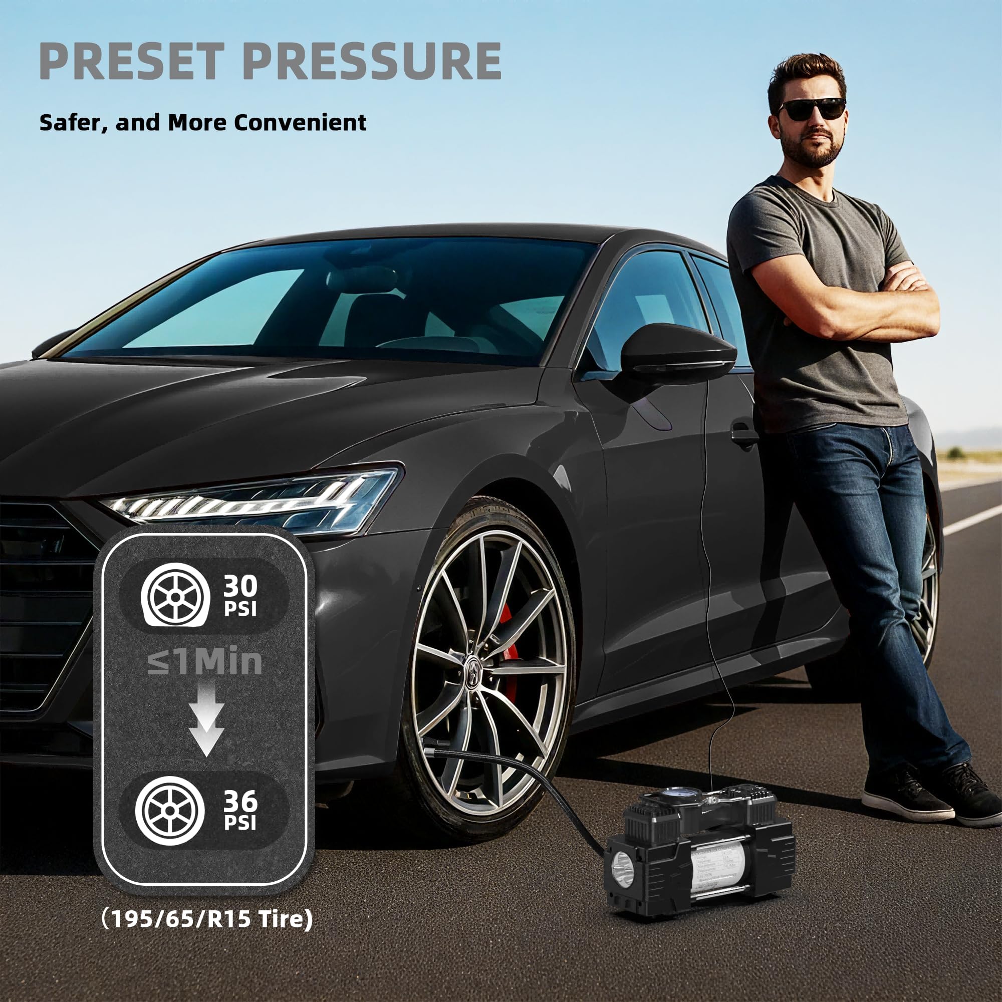 Compressore d'aria a doppio cilindro, 150 psi, 12 V CC, portatile, accessorio per auto, luce a LED, resistente, per camion, SUV, auto, camper, per uomini e donne (nero)