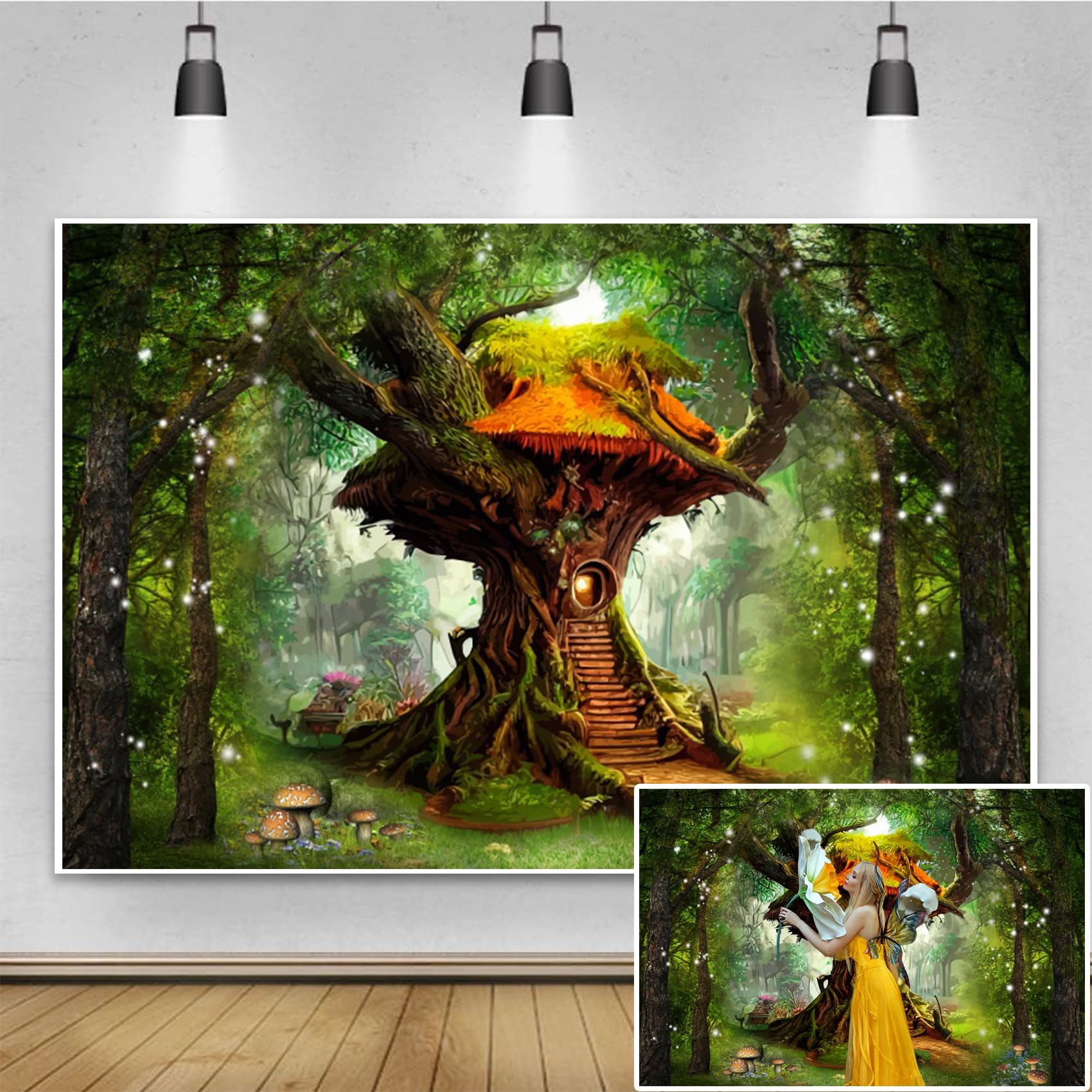 Renaiss7x5ft Magic Tree House Backdrop Elf House Fairy Tale Princess Enchanted Wonderland Forest Photography Backgrounds Mushroom Girls Birthday Artistic Portrait Photoshoot Video Studio Props