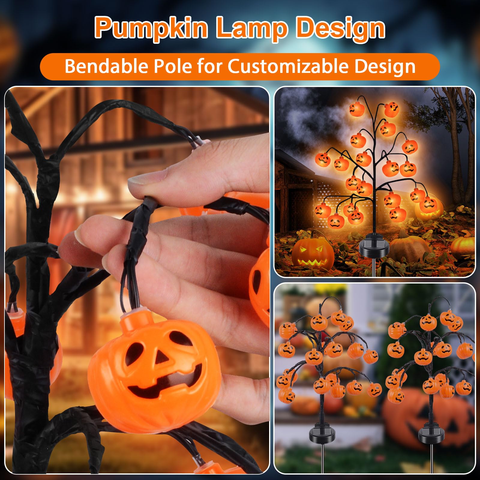 Dekoracja na Halloween, lampy solarne do ogrodu na zewnątrz, 2 sztuki, 20 diod LED, 2 tryby, wodoodporna, dekoracja, ogród, Halloween, pomarańczowa, dynia, lampion, ozdoba