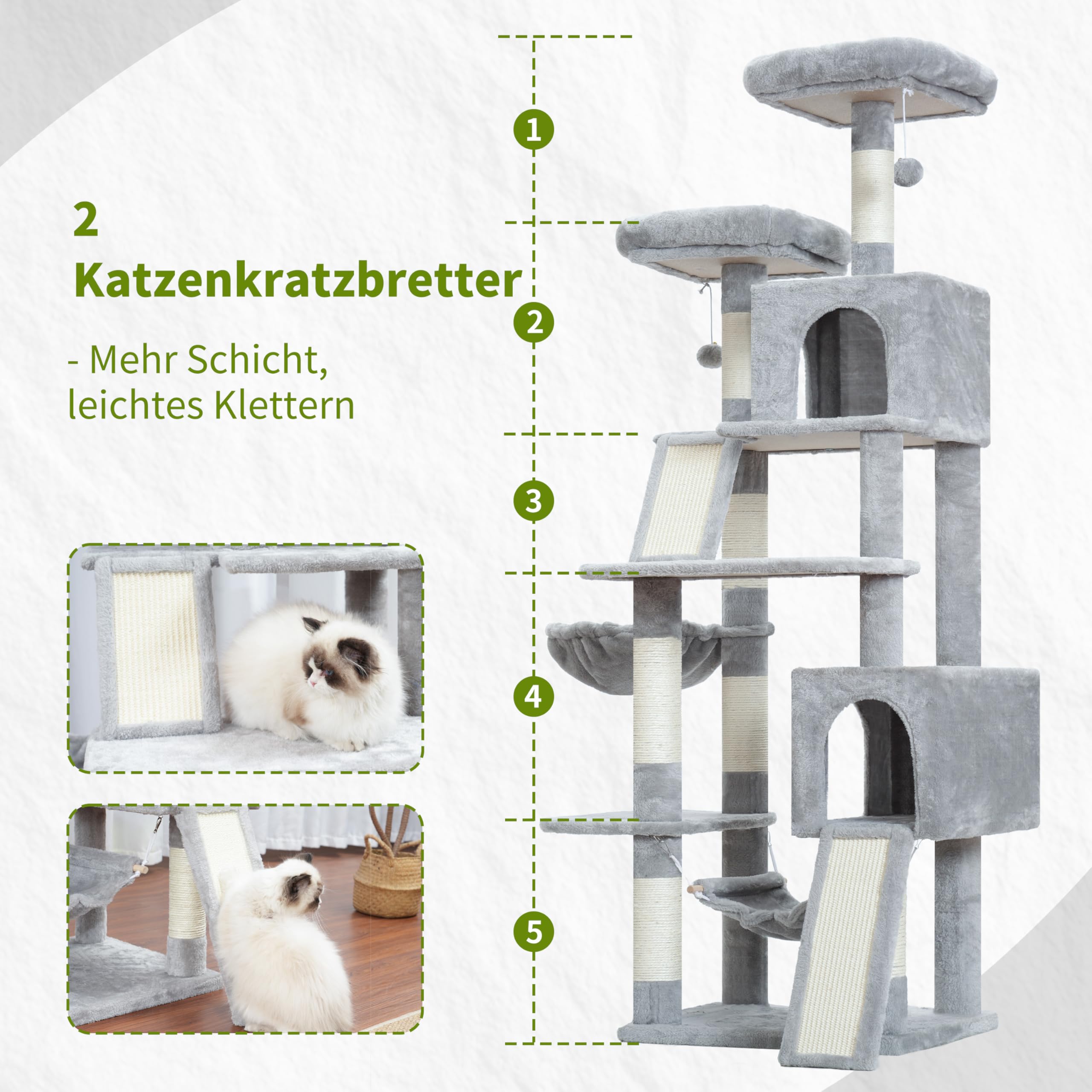 Gitelsnour Kratzbaum, Katzenbaum für Innenbereich, 180cm Katzenkratzbaum mit große ausgewachsene Katzen, 2 Kratzbrettern, 7 kratzbaume, 2 Plüsch-Plattformen, 2 Katzenhöhlen, Hellgrau GCT032W