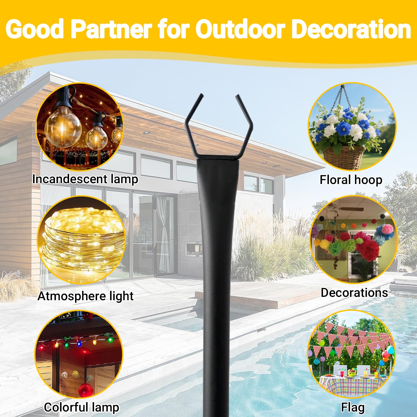 Palo luminoso per esterni da appendere – palo luminoso da 3 m con staffe per recinzione, luci a sospensione, supporto in metallo per cortile, giardino, matrimonio, bistrot luci (2)