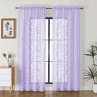 OVZME Lavender Sheer Curtains 84 inches Long 2 Panels for Living Room, Jacquard Clip Leaf Pattern Textured Light Filtering Window Semi Sheer Voile Drapes for Bedroom, Each Panel 42 x 84 Inch - Buy now