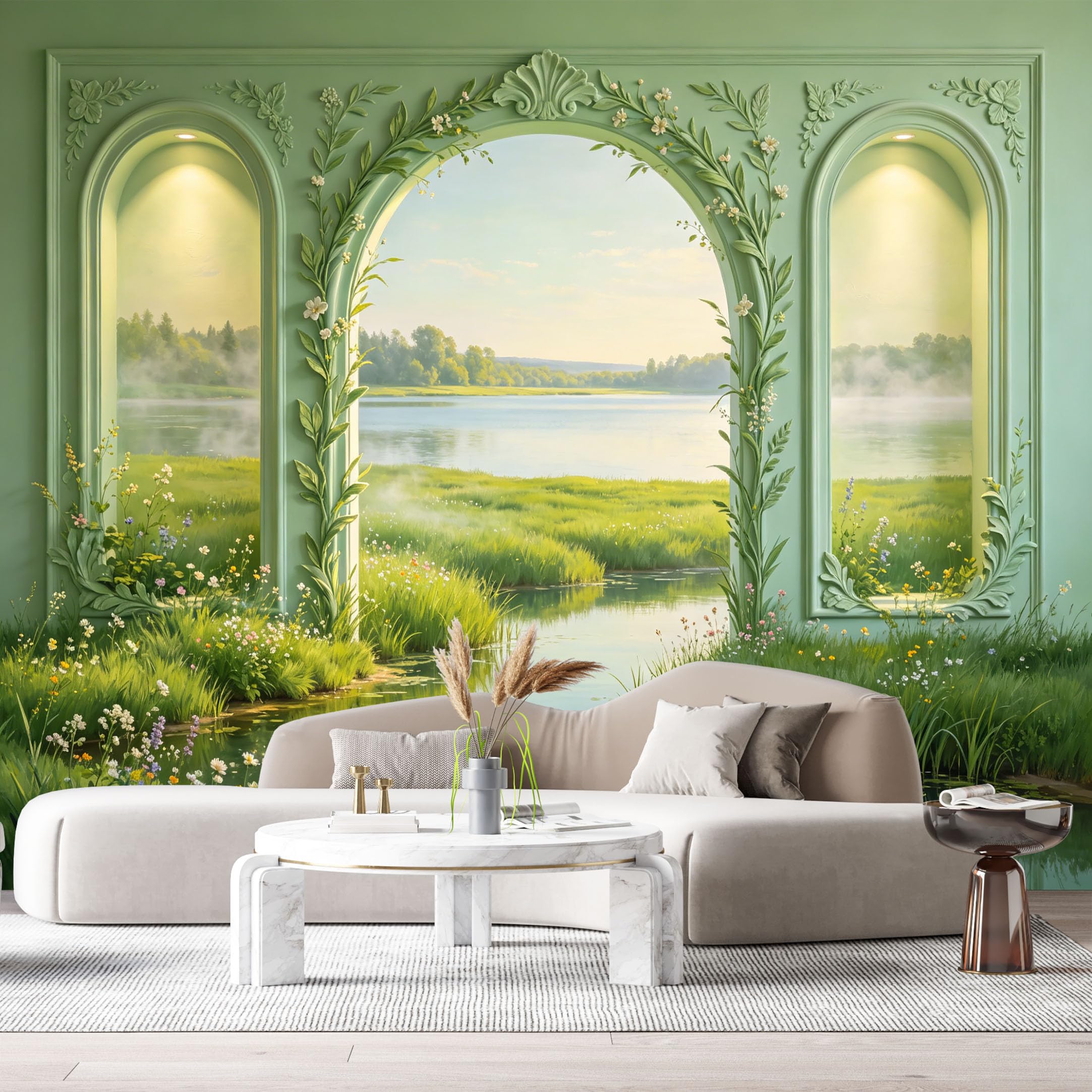 Custom Size Wall Mural Archway Lake Landscape Neoclassical 3D Trompe L'Oeil SelfAdhesiveWall Fabric Removable Wallpaper Wall Decor for Living Room Bedroom Bathroom