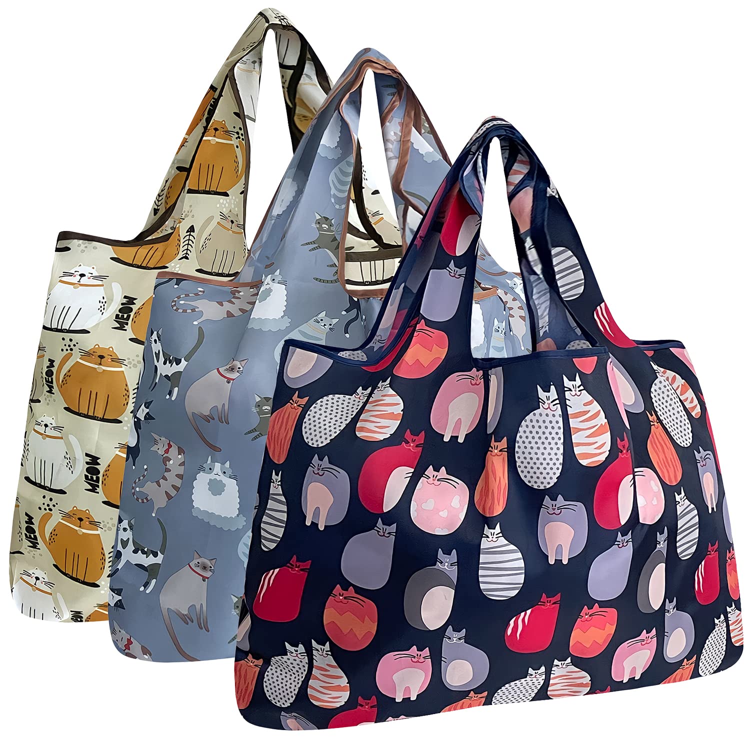 Bowbear Foldable Nylon Reusable Shopping Grocery Bag (Set of 3), Chubby Kitties