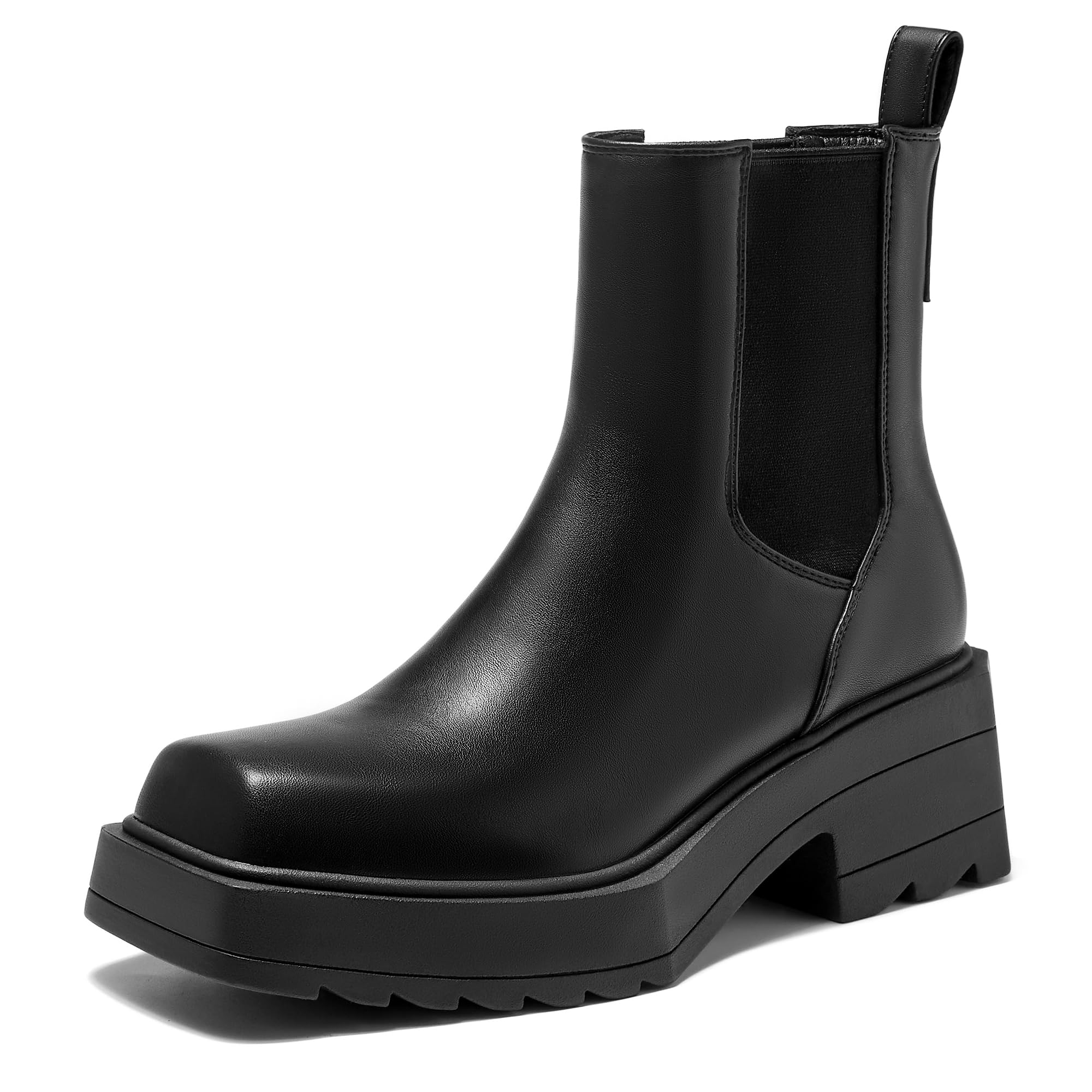 Voviggiw Women Chunky Platform Chelsea Boots Lug Sole Square Toe Ankle Boots Slip-on Elastic Booties 41.5 EU Black