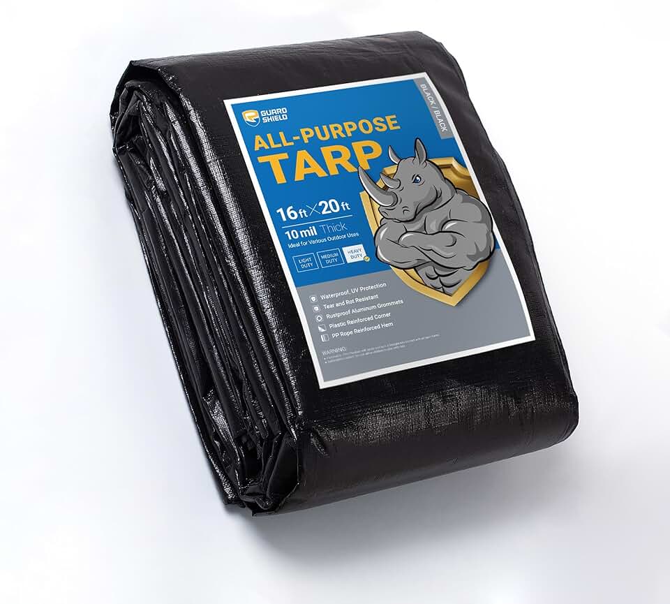 GUARD SHIELD Tarps Heavy Duty Waterproof 16x20 Feet Black Poly Tarp Cover Outdoor Thick UV Resistant Tarpaulin with Grommets 10mil