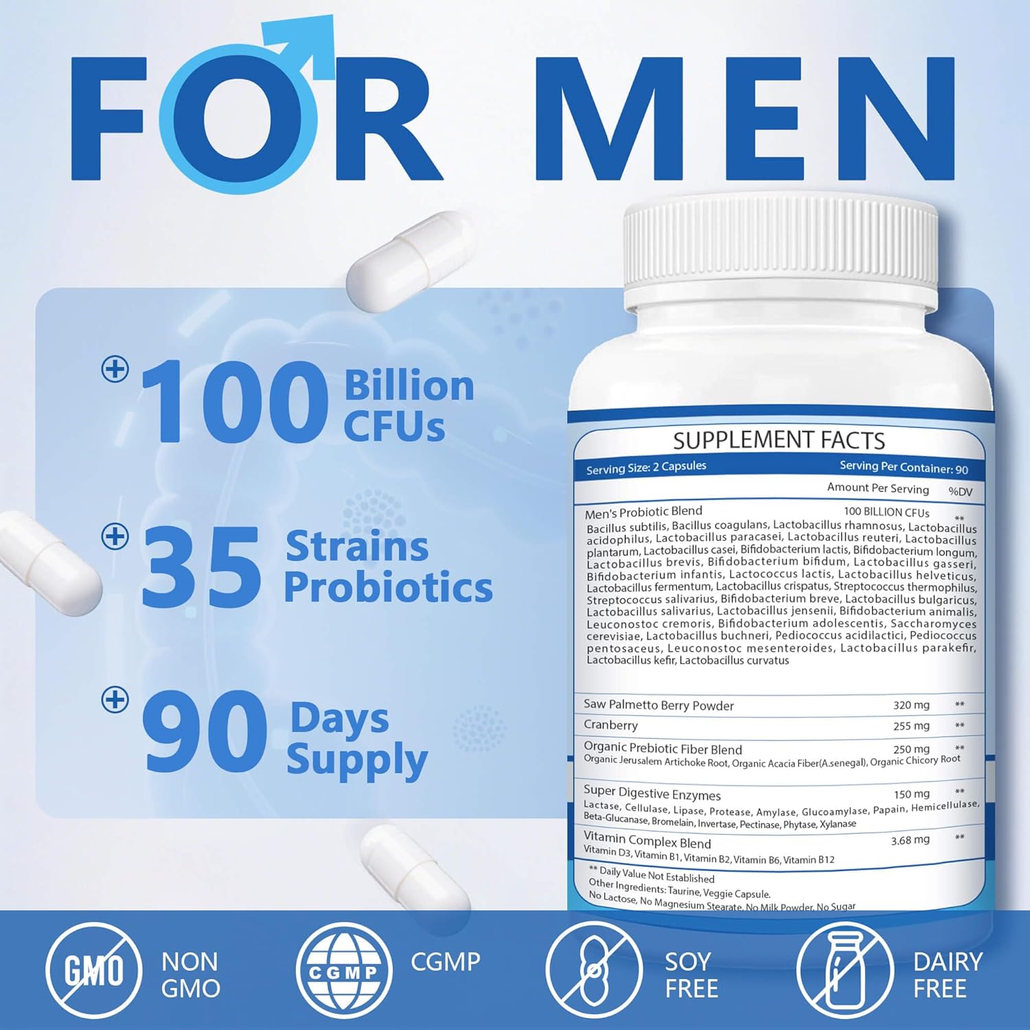 ZEBORA Probiotics for Men - 100 Billion CFU, Men's Probiotics for Gut Health, Prebiotics + Enzymes + Saw Palmetto + Cranberry, Daily Probiotic for Digestive Health, 180 Caps - Image 2