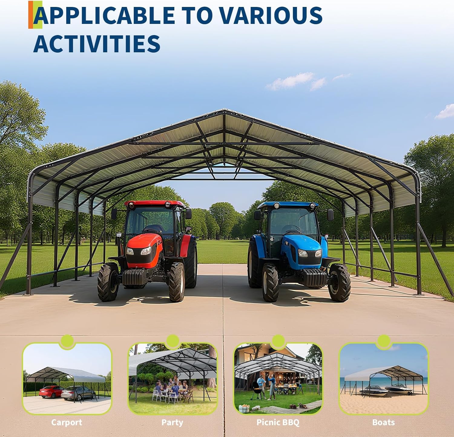 Garvee carport demonstrating its versatility for various activities, including vehicle storage, parties, picnics, and boat shelter.