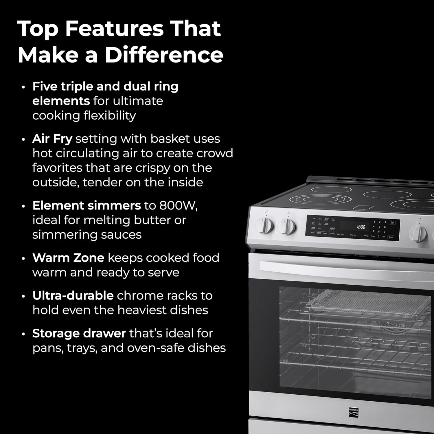 Kenmore 5.6 cu. ft. Front Control Electric Range Oven with 5 Elements - True Convection, Air Fry, Self Clean Oven, Temperature Probe, Ultra Durable Chrome Racks, Large Window - Stainless Steel