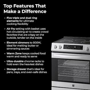 Kenmore 5.6 cu. ft. Front Control Electric Range Oven with 5 Elements - True Convection, Air Fry, Self Clean Oven, Temperature Probe, Ultra Durable Chrome Racks, Large Window - Stainless Steel