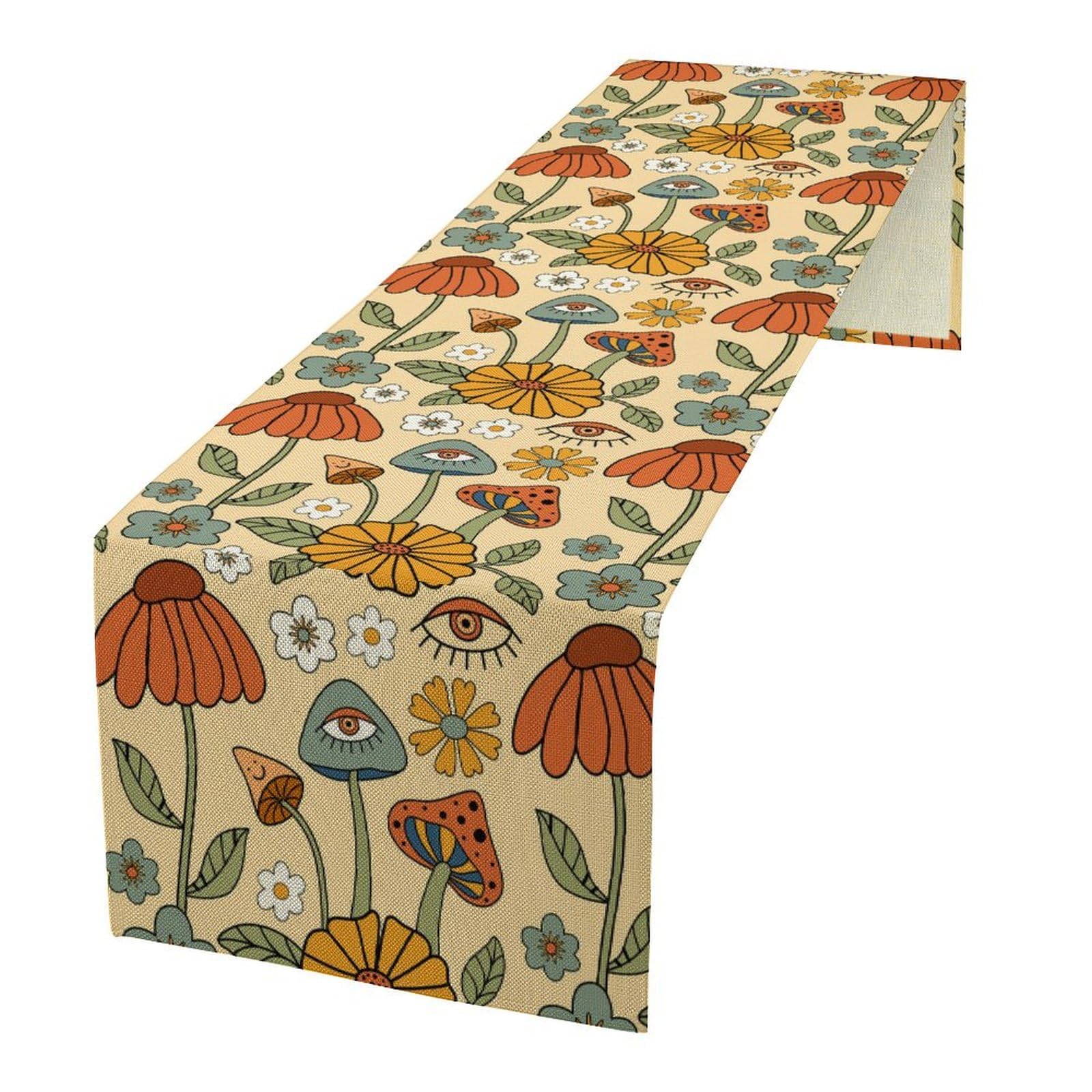70's Boho Mushroom Table Runner, Retro Kitchen Groovy Hippie Funky Table Runners Rustic Cute Vintage Colorful Orange Table Runner for Bedroom Living Room Party Holiday Dinner, 13x36 Inch