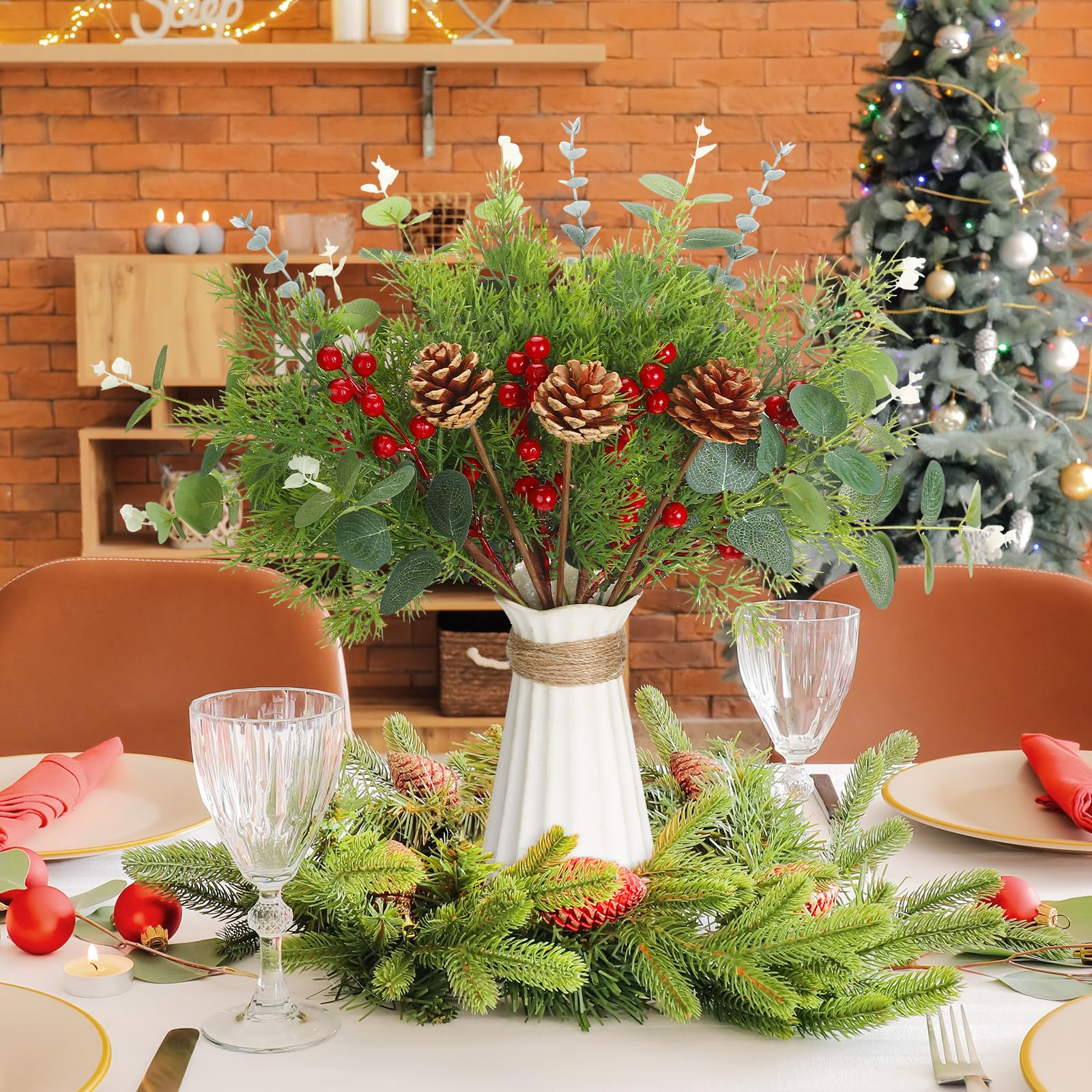 Künstliche Weihnachtsstiele, künstliche Tannenzweige gemischte Weihnachtszedernnadeln, Zapfen, Eukalyptusblätter, rote Beerenstiele für Weihnachten, Zuhause, Vase, Tischdekoration, 20 Stück