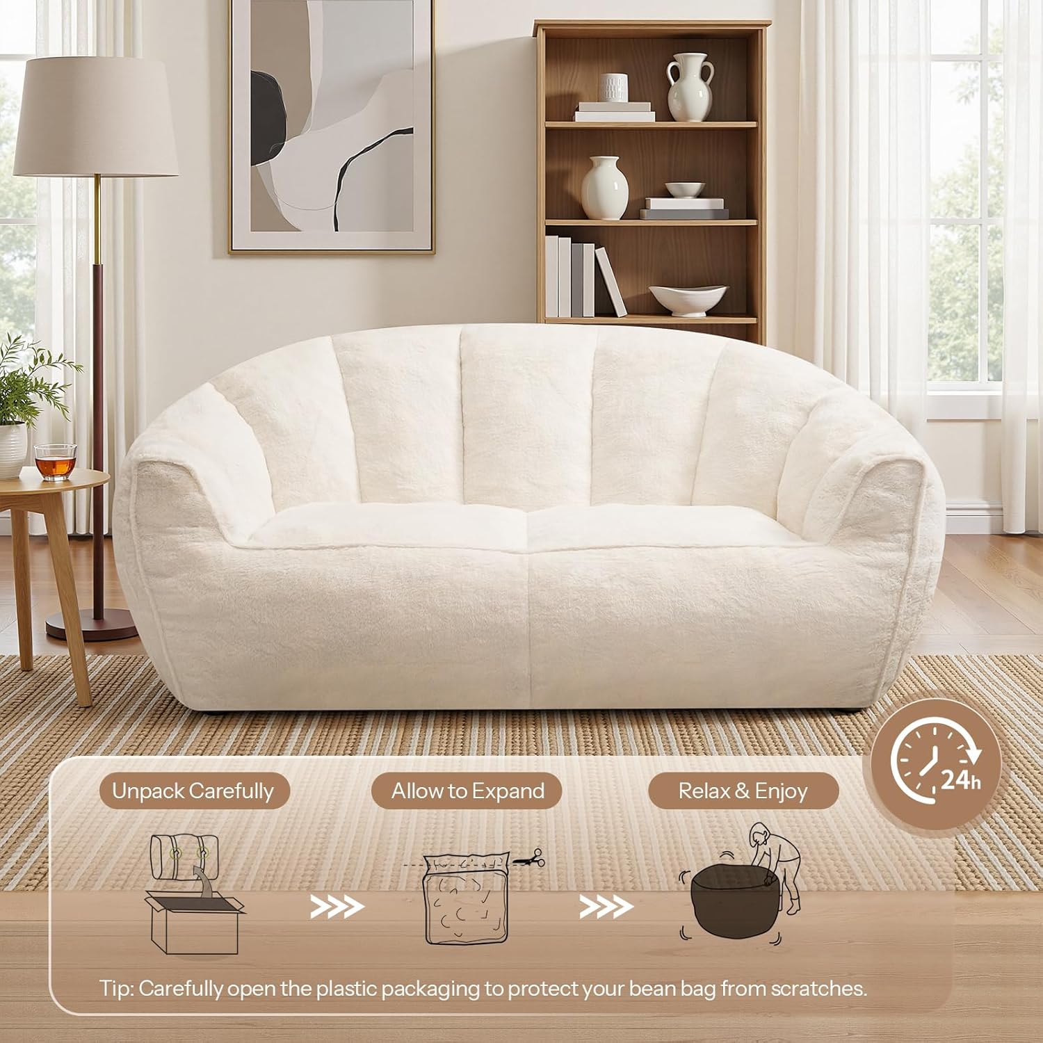HOOBRO Bean Bag Chair, Oversized Loveseat Bean Bag Sofa for Adults, Comfy Faux Fur Reading Chair with Memory Foam Filling, Stuffed Love Seat Large Lounge Floor Sofa for Bedroom, Corner, White WT02SO01