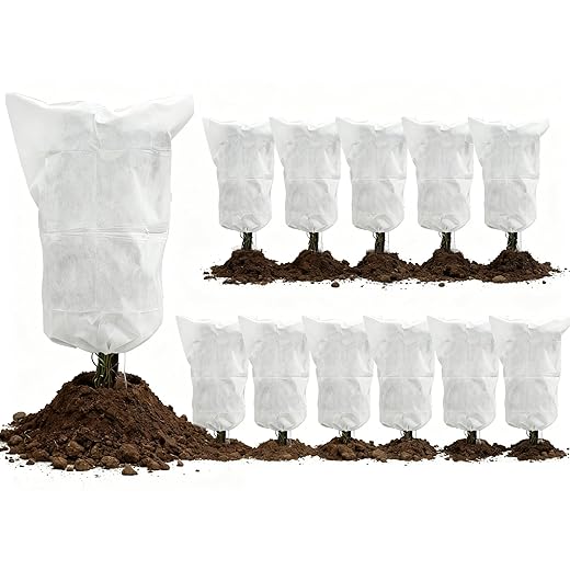 EAONE 12 Pack Plant Covers Freeze Protection, 32x47'' Winter Frosts Cloth for Outdoor Plants, Reusable Frost Blankets Drawstring Bags for Cold Freeze Sun Protection Bird Insect Prevention,White