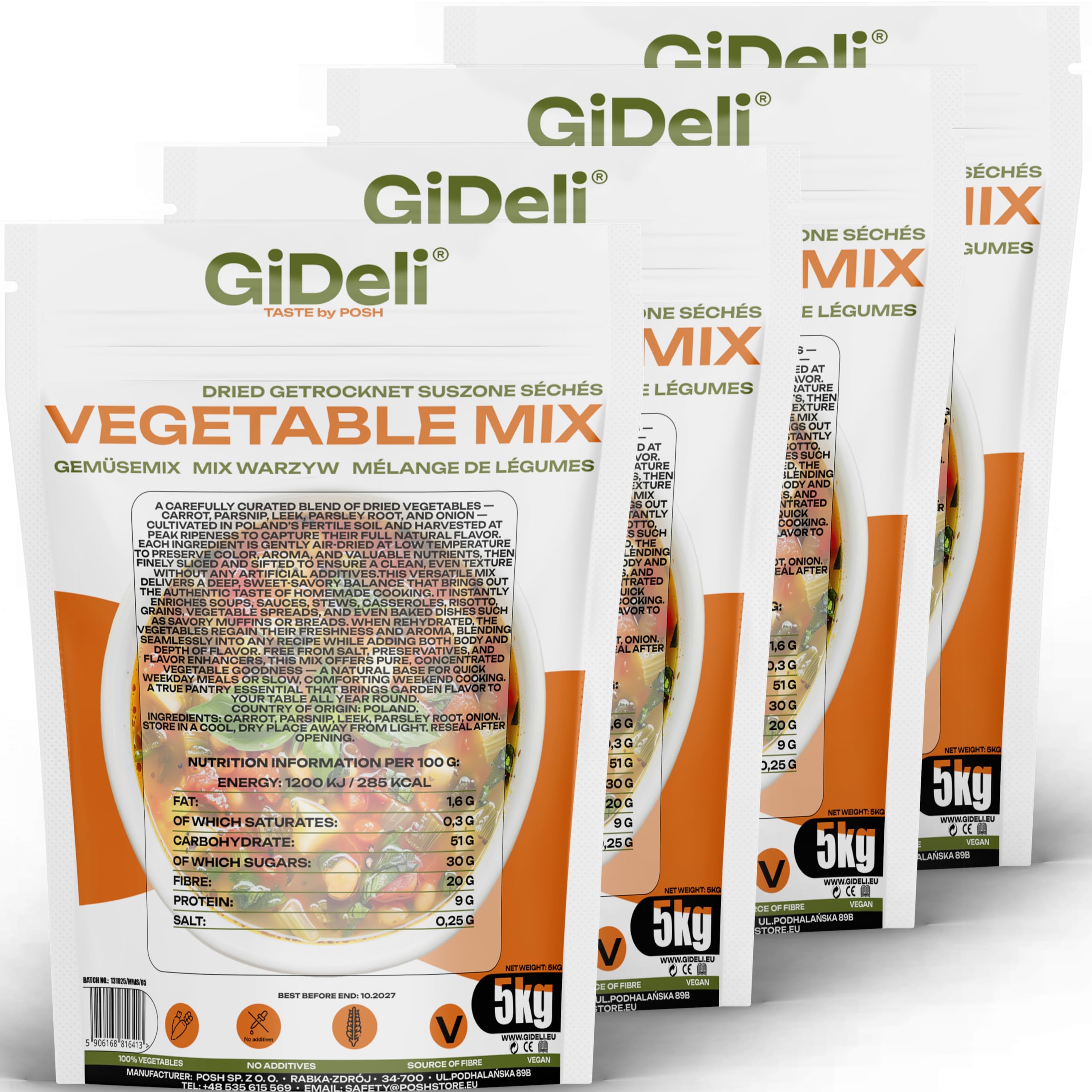 GiDeli Suppengewürz 4x 5kg - Gemüsebrühe ohne Salz - Trockengemüse ohne Zusatzstoffe, natürlich getrocknet – ideal für Suppen, Soßen & Eintöpfe