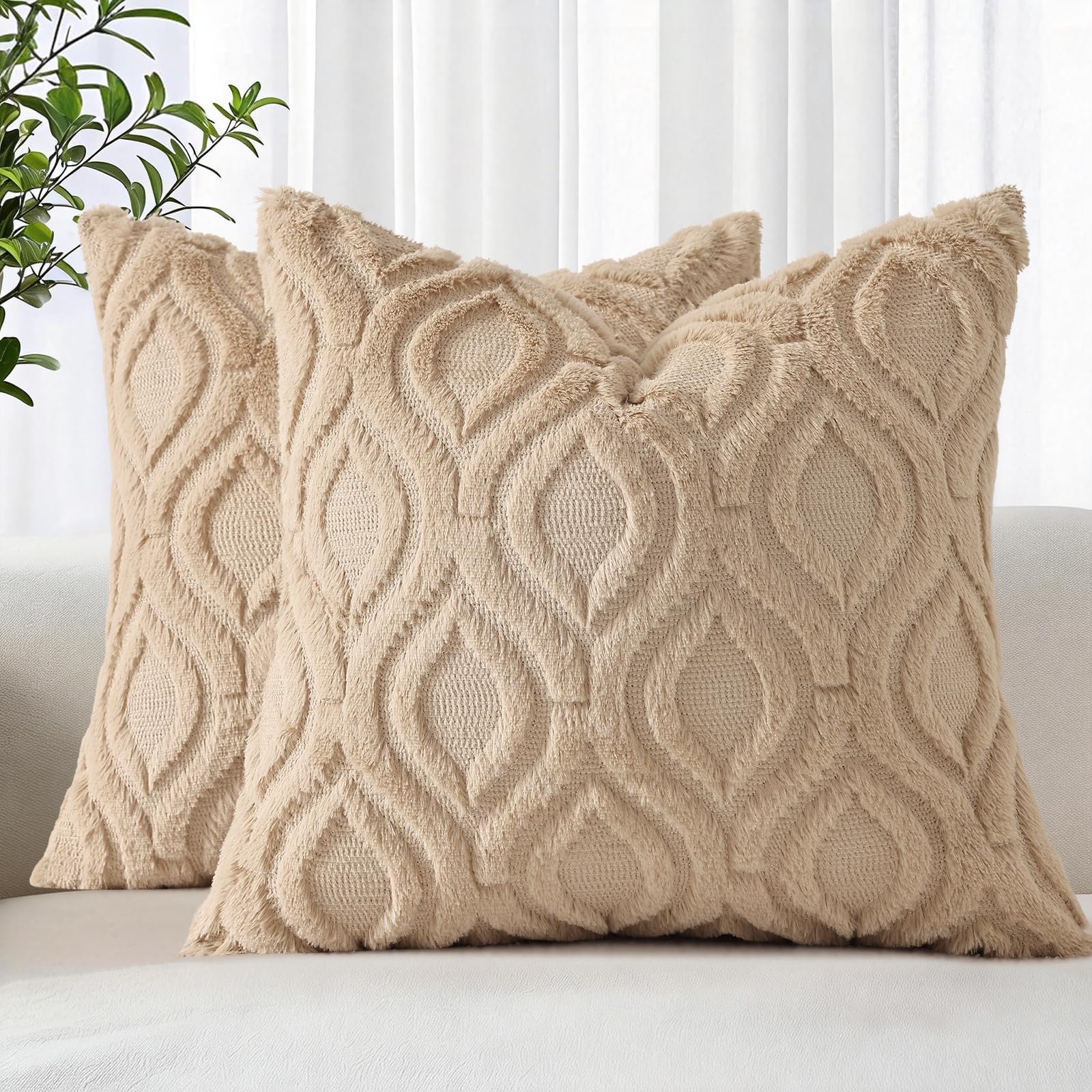 decorUhome Faux Fur Soft Light Khaki Throw Pillow Covers 18x18 Set of 2