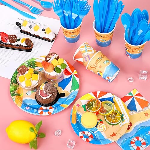 Miniatura 5 de ADXCO Juego de vajilla de verano de 192 piezas para fiesta en la piscina, incluye platos, servilletas, vasos, tenedores, cuchillos, cucharas para