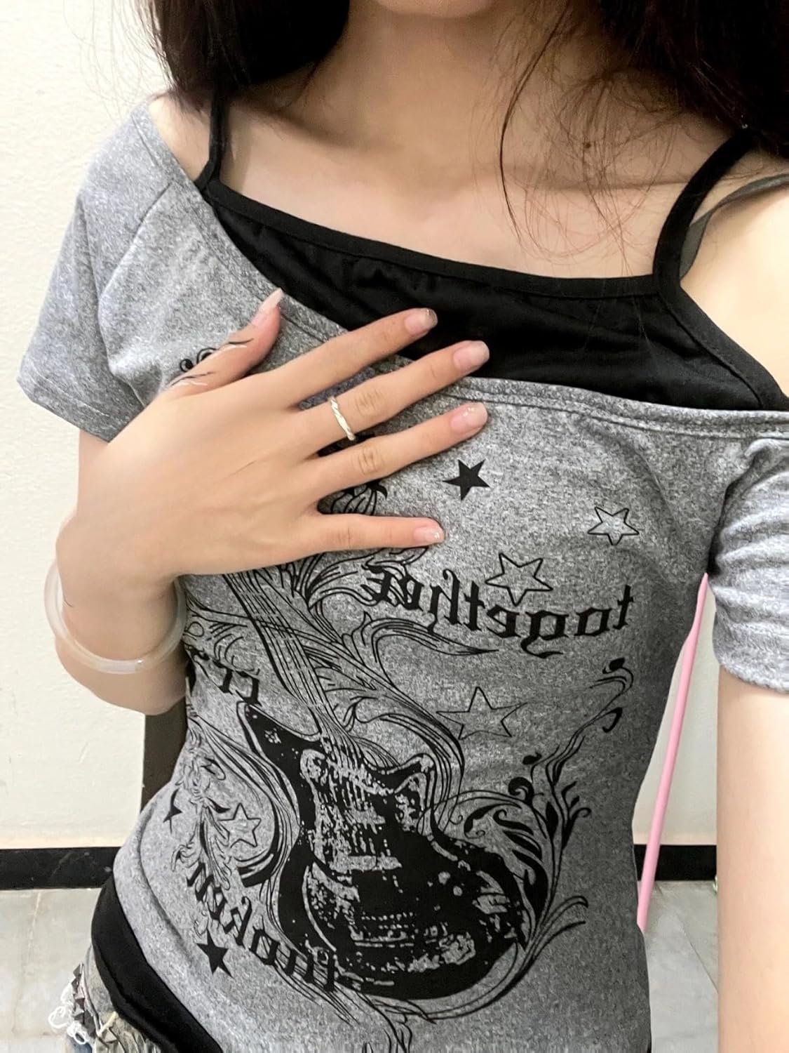 Emo Grunge Shirts Women 2000s Graphic Baby Tees Fake Two Piece Short Sleeve Vintage Y2k Crop Top Goth Alt Clothes - Image 6