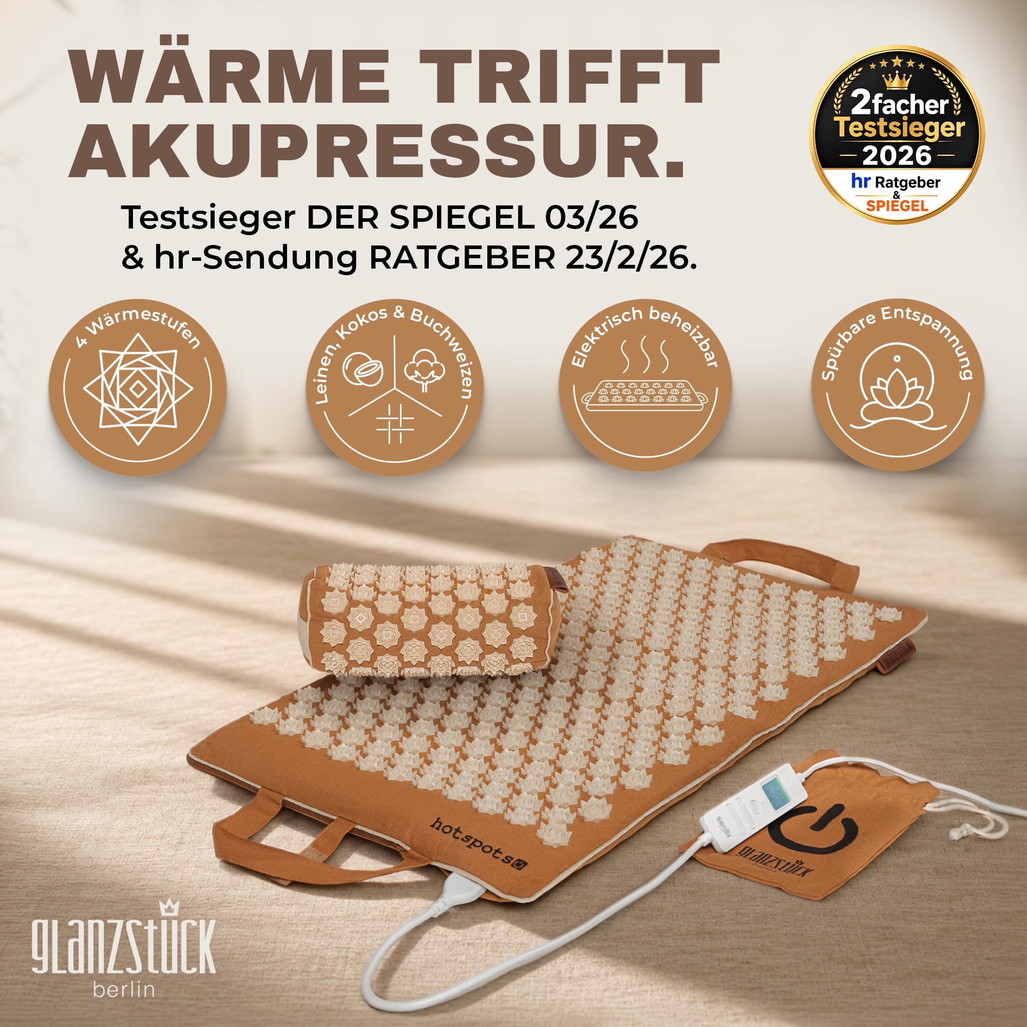 Glanzstück Berlin® Health Collection: set XL per agopressione Hot Edition riscaldabile elettricamente in lino, aiuto per tensioni, mal di schiena, tappetino da massaggio con borsa per cuscino