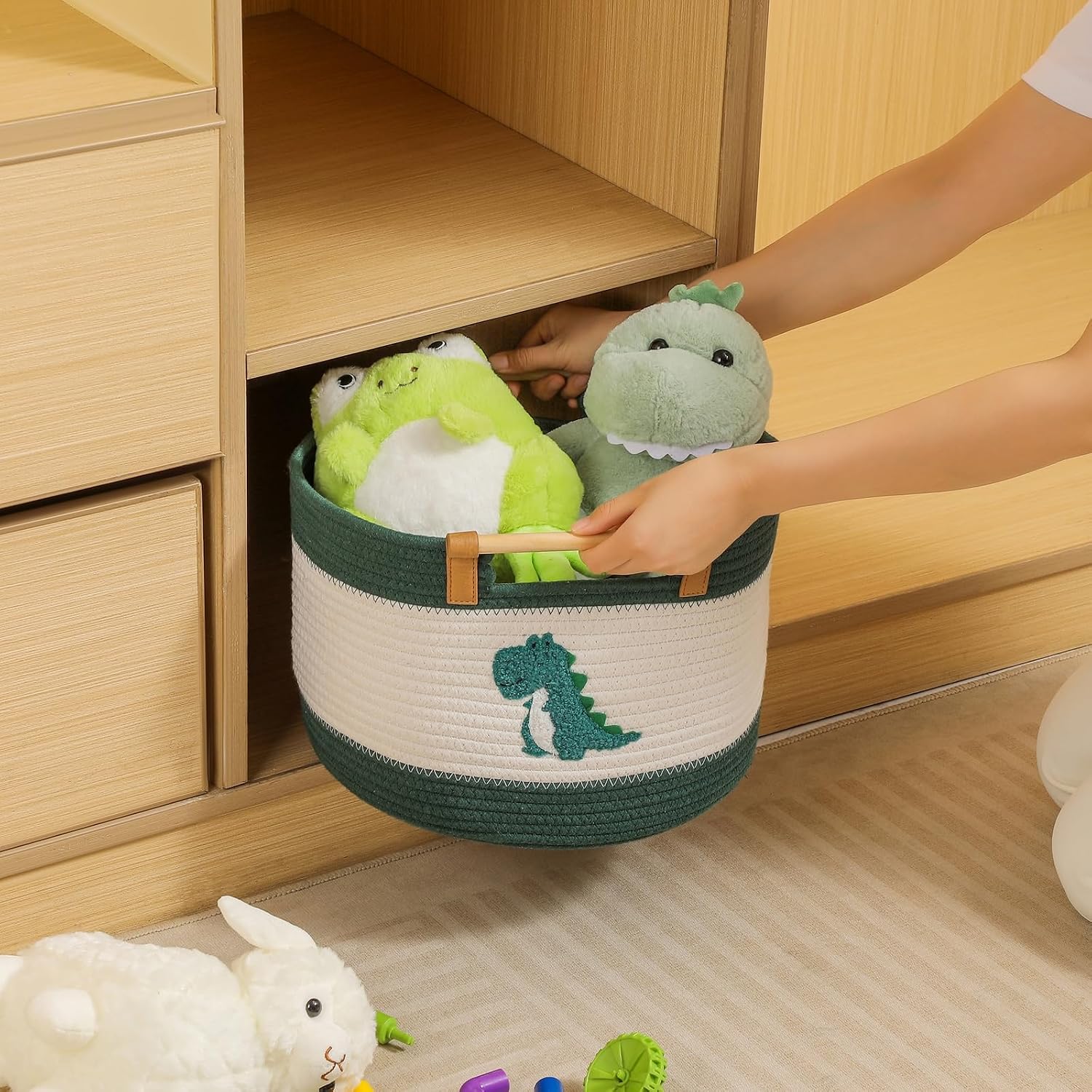 Cotton Rope Baskets for Kids Stuffed Animal Toys Storage for Nursery, Baby Baskets for Gifts Empty, Woven Basket with Wooden Handles Blanket Towel Toy 0rganizer Kids Blanket Storage Bins ( Dinosaur ）