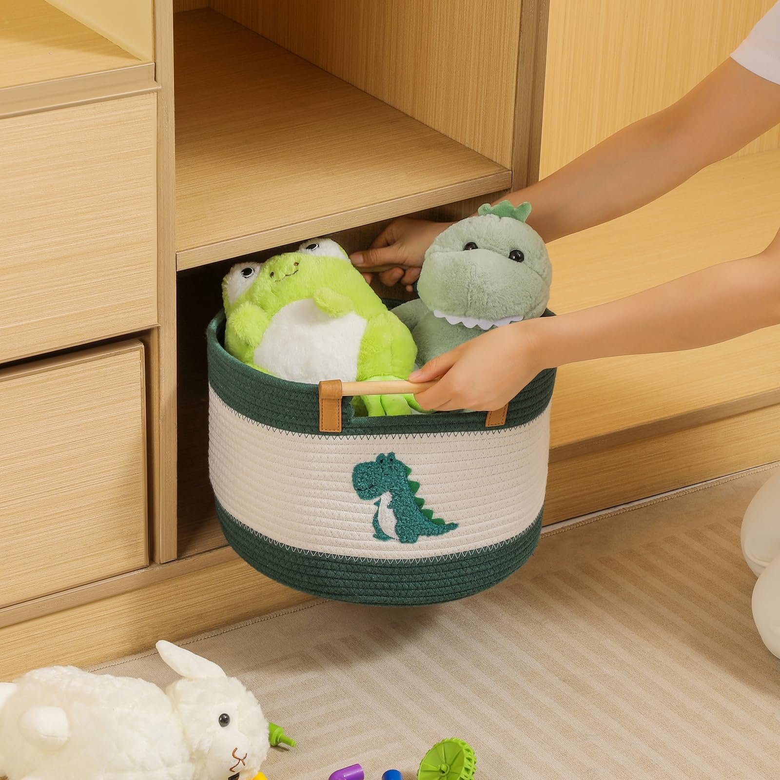Cesto portaoggetti in corda di cotone con motivo dinosauro ricamato, Cesti in corda di cotone per giocattoli di peluche dei bambini, ripostiglio per la cameretta, cesti regalo vuoti per neonati